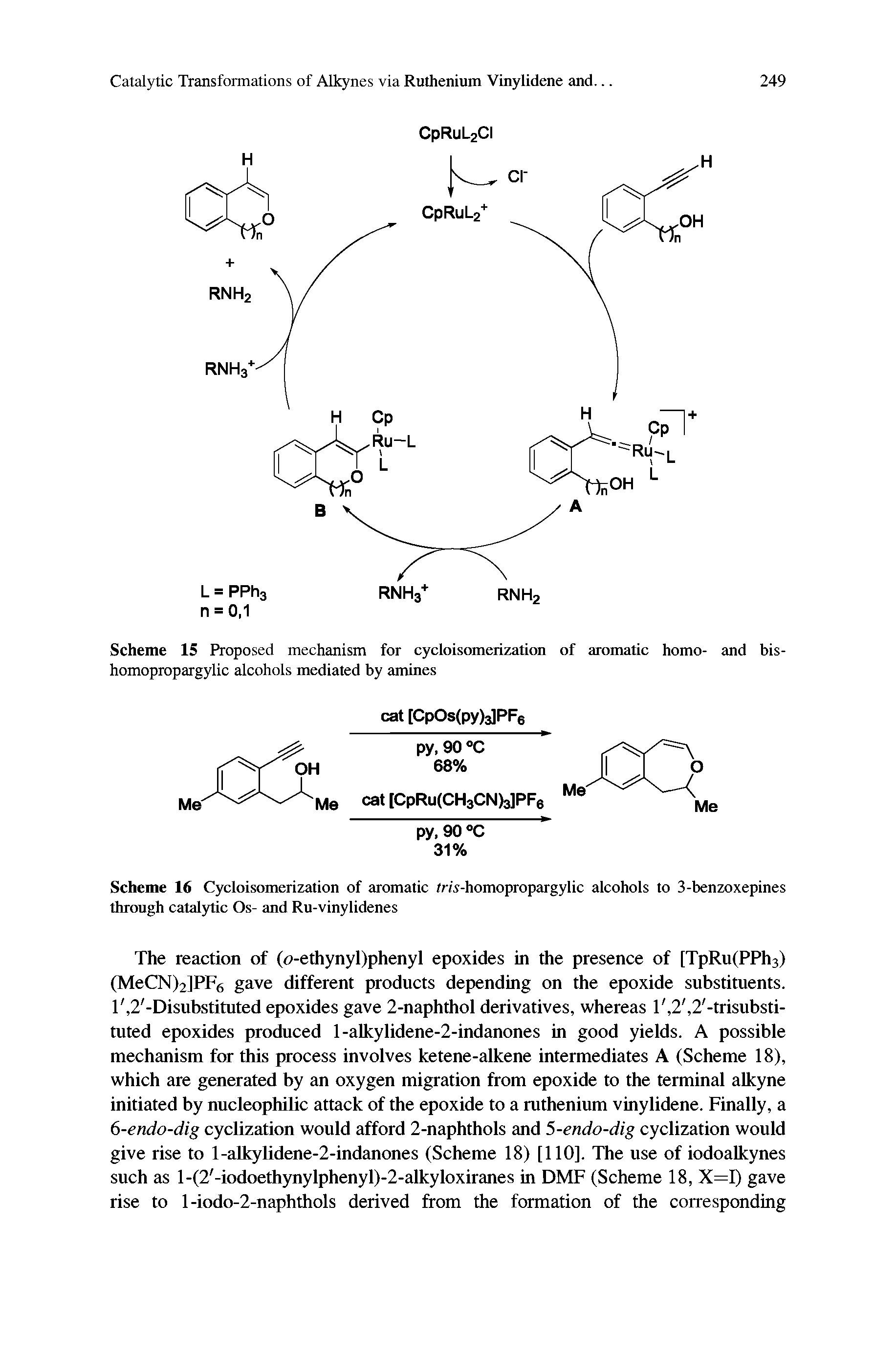 Scheme 15 Proposed mechanism for cycloisomerization of aromatic homo- and bis-homopropargylic alcohols mediated by amines...