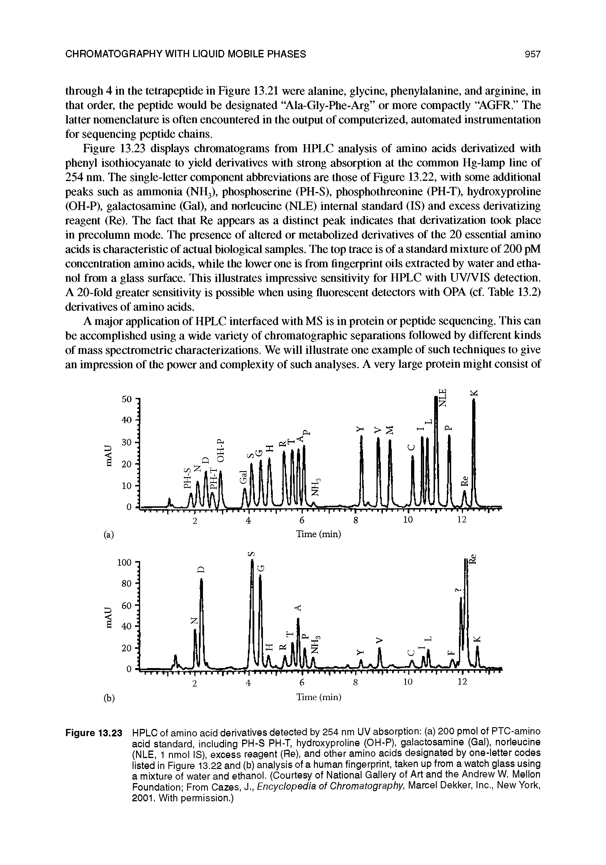 Figure 13.23 HPLC of amino acid derivatives detected by 254 nm UV absorption (a) 200 pmol of PTC-amino acid standard, including PH-S PH-T, hydroxyproline (OH-P), galactosamine (Gal), norleucine (NLE, 1 nmol IS), excess reagent (Re), and other amino acids designated by one-letter codes listed in Figure 13.22 and (b) analysis of a human fingerprint, taken up from a watch glass using a mixture of water and ethanol. (Courtesy of National Gallery of Art and the Andrew W. Mellon Foundation From Cazes, J., Encyclopedia of Chromatography, Marcel Dekker, Inc., New York, 2001. With permission.)...