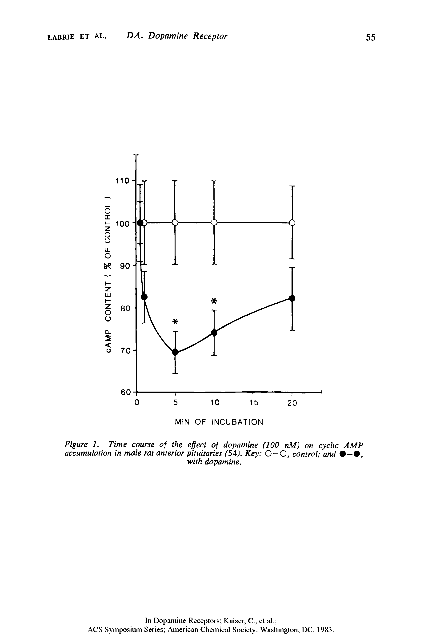 Figure 1. Time course of the effect of dopamine (100 nM) on cyclic AMP accumulation in male rat anterior pituitaries (5A). Key O—O, control and...