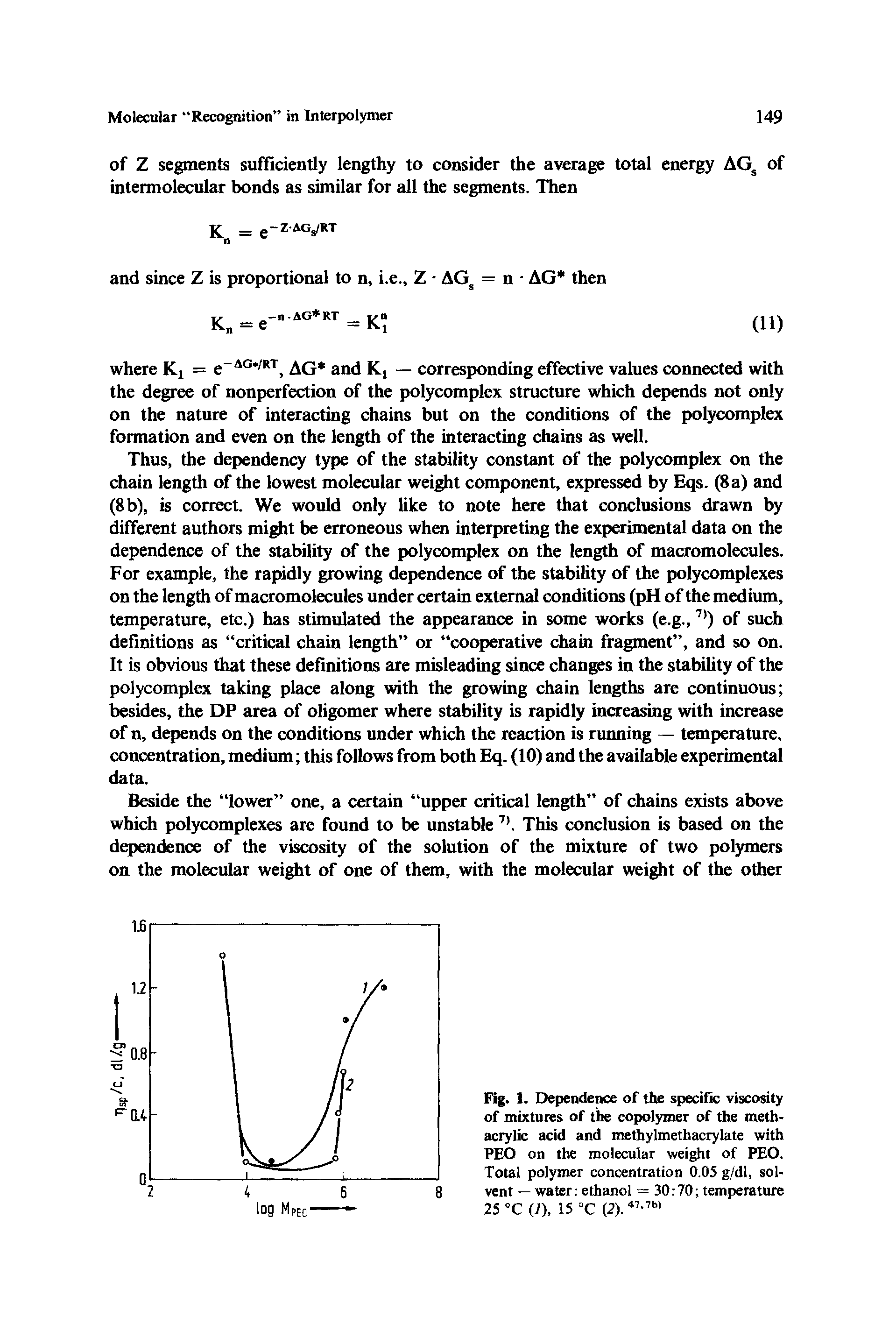 Fig. 1. Dependence of the specific viscosity of mixtures of the copolymer of the meth-acrylic acid and methylmethacrylate with PEO on the molecular weight of PEO. Total polymer concentration 0.05 g/dl, solvent — water ethanol = 30 70 temperature 25 °C (7), 15 °C (2). 47,7b)...