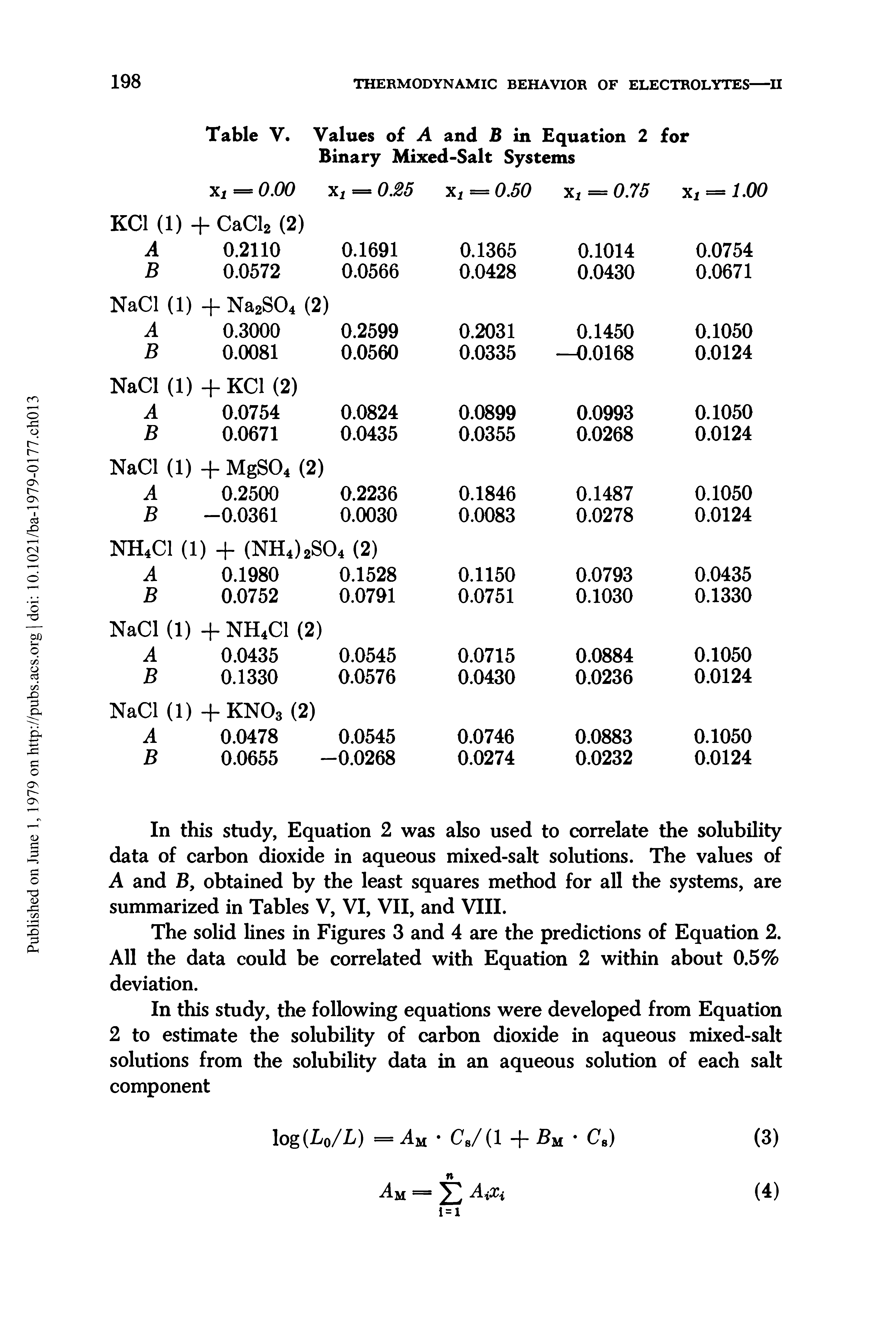 Table V. Values of A and B in Equation 2 for Binary Mixed-Salt Systems...