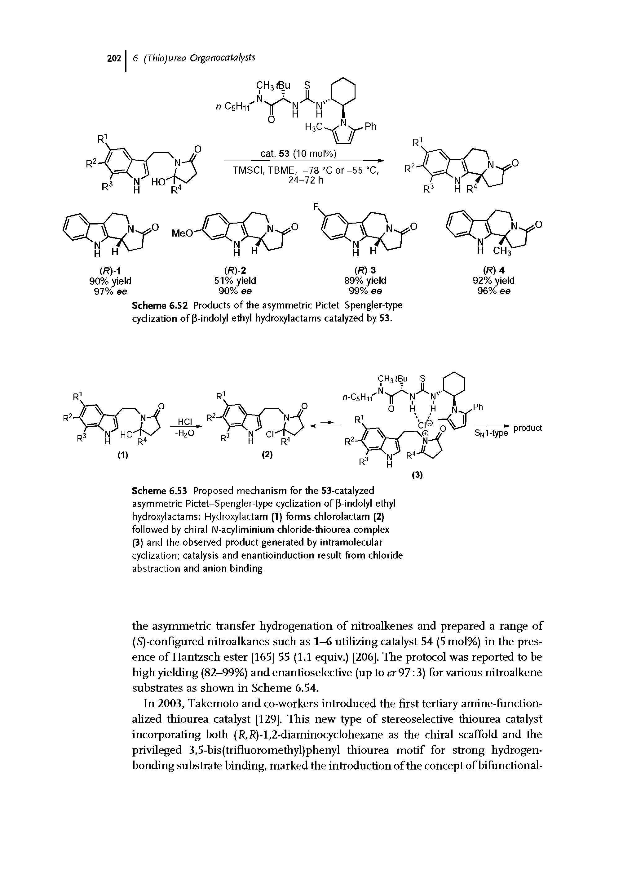 Scheme 6.53 Proposed mechanism for the 53-catalyzed asymmetric Pictet-Spengler-type cyclization of P-indolyl ethyl hydroxylactams Hydroxylactam (1) forms chlorolactam (2) followed by chiral N-acyliminium chloride-thiourea complex (3) and the observed product generated by intramolecular cyclization catalysis and enantioinduction result from chloride abstraction and anion binding.