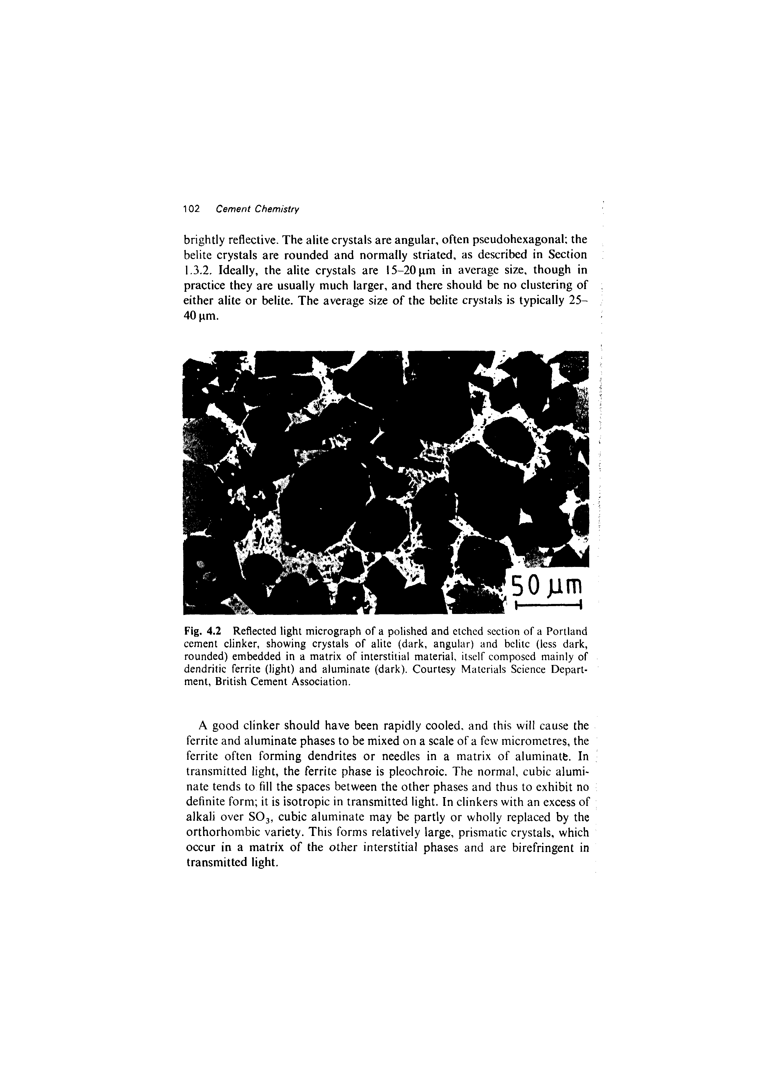 Fig. 4.2 Reflected light micrograph of a polished and etched section of a Portland cement clinker, showing crystals of alite (dark, angular) and belite (less dark, rounded) embedded in a matrix of interstitial material, itself composed mainly of dendritic ferrite (light) and aluminate (dark). Courtesy Materials Science Department, British Cement Association.