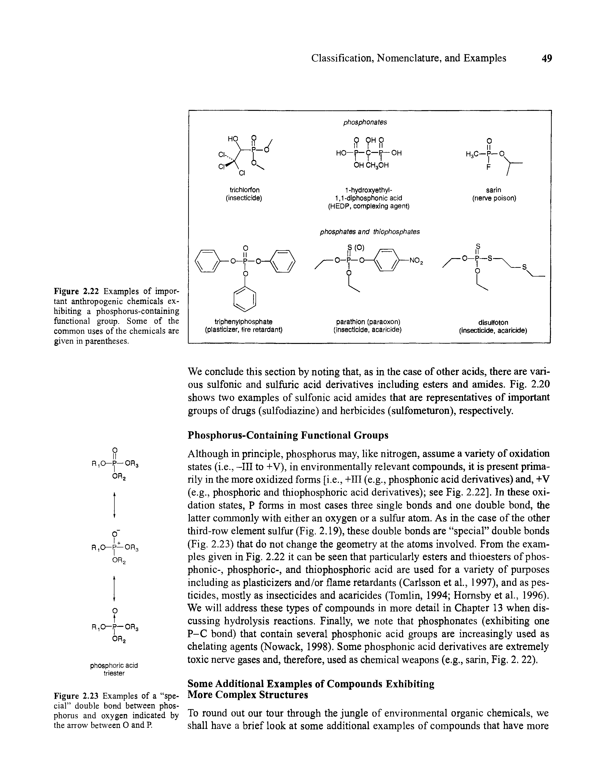 Figure 2.22 Examples of important anthropogenic chemicals exhibiting a phosphorus-containing functional group. Some of the common uses of the chemicals are given in parentheses.