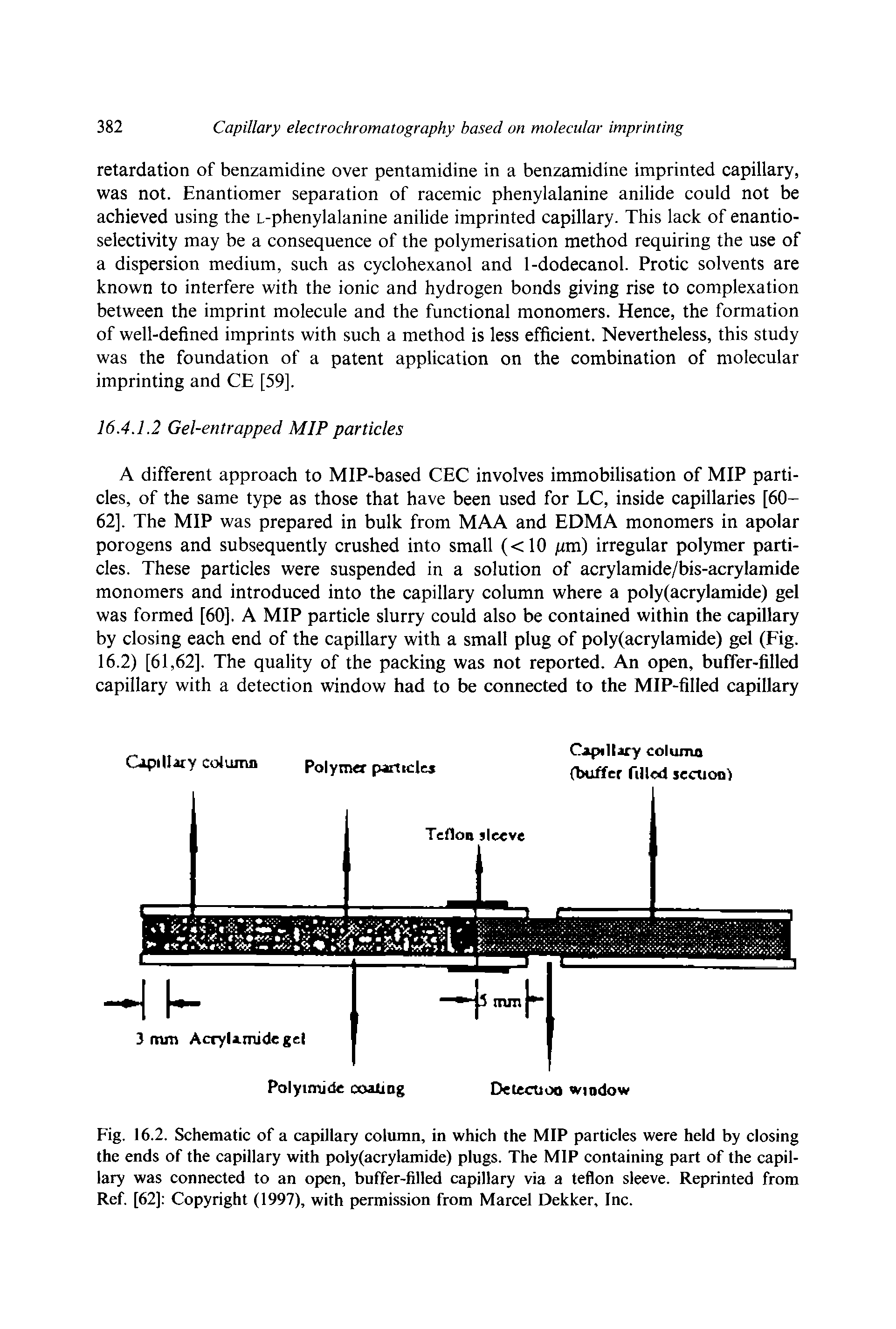 Fig. 16.2. Schematic of a capillary column, in which the MIP particles were held by closing the ends of the capillary with poly(acrylamide) plugs. The MIP containing part of the capillary was connected to an open, buffer-filled capillary via a teflon sleeve. Reprinted from Ref. [62] Copyright (1997), with permission from Marcel Dekker, Inc.