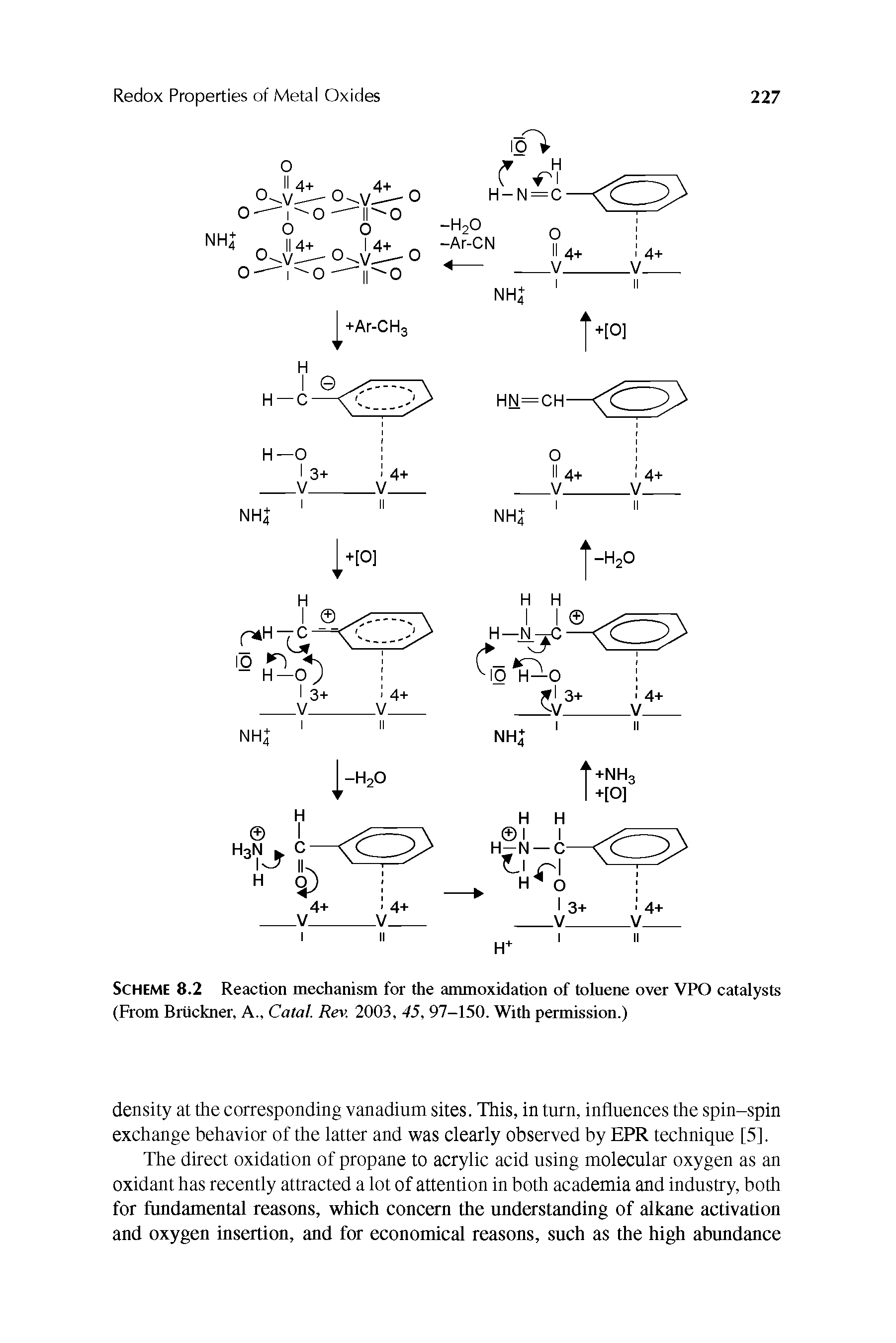 Scheme 8.2 Reaction mechanism for the ammoxidation of toluene over VPO catalysts (From Bruckner, A., Catal. Rev. 2003, 45, 97-150. With permission.)...