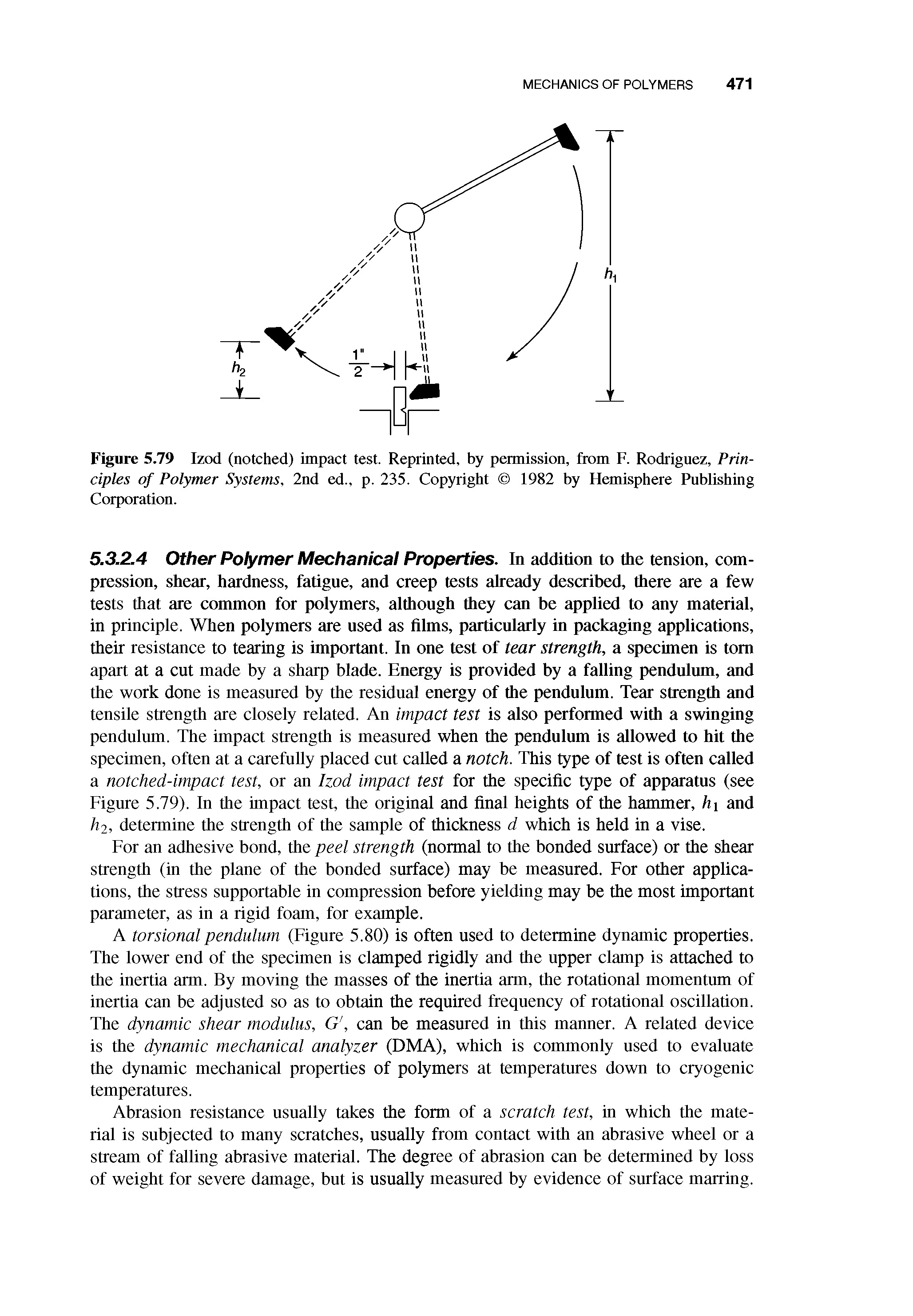 Figure 5.79 Izod (notched) impact test. Reprinted, by permission, from F. Rodrignez, Principles of Polymer Systems, 2nd ed., p. 235. Copyright 1982 by Hemisphere Pnblishing Corporation.