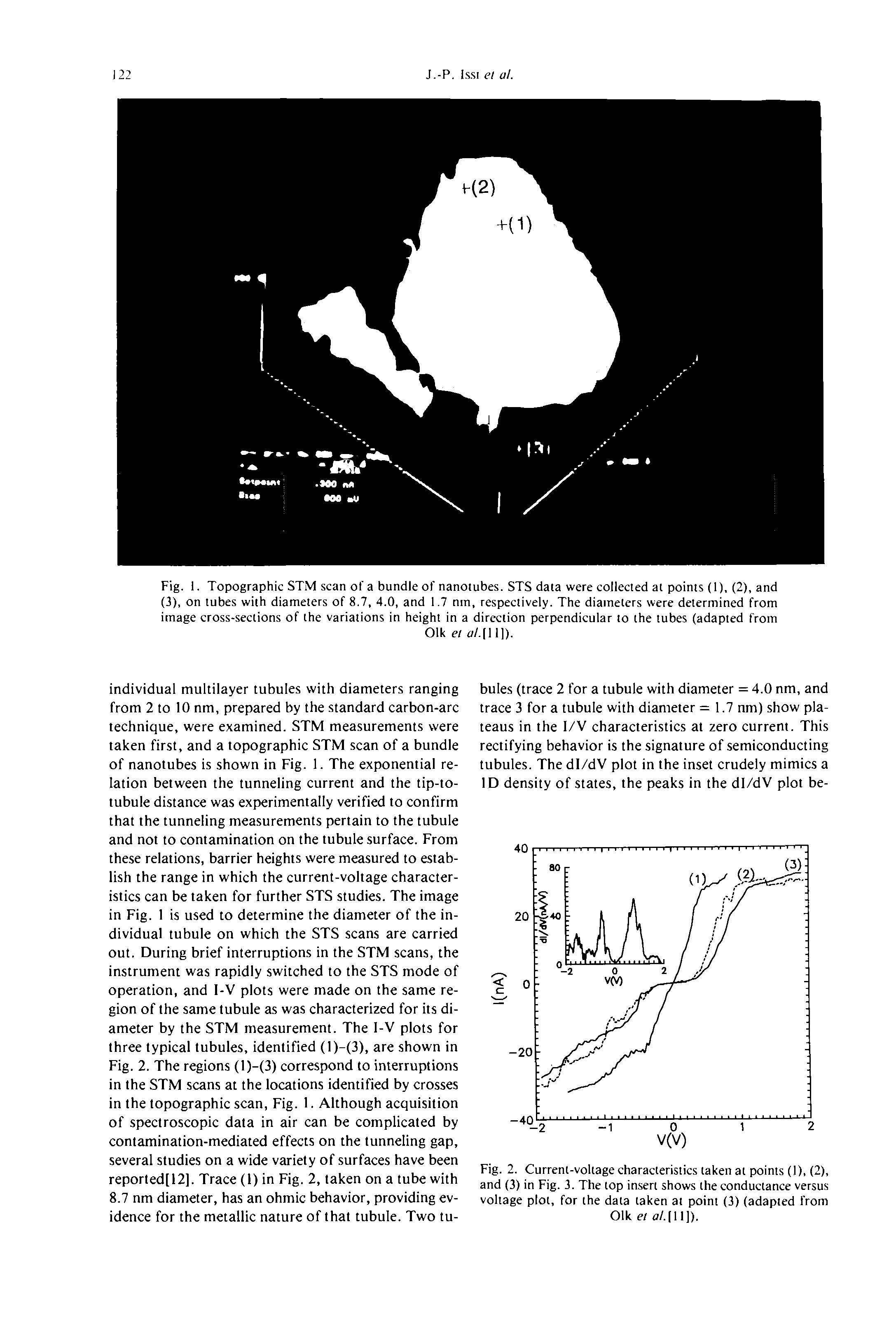 Fig. 2. Current-voltage characteristics taken at points (1), (2), and (3) in Fig. 3. The top insert shows the conductance versus voltage plot, for the data taken at point (3) (adapted from Oik el al. I]).