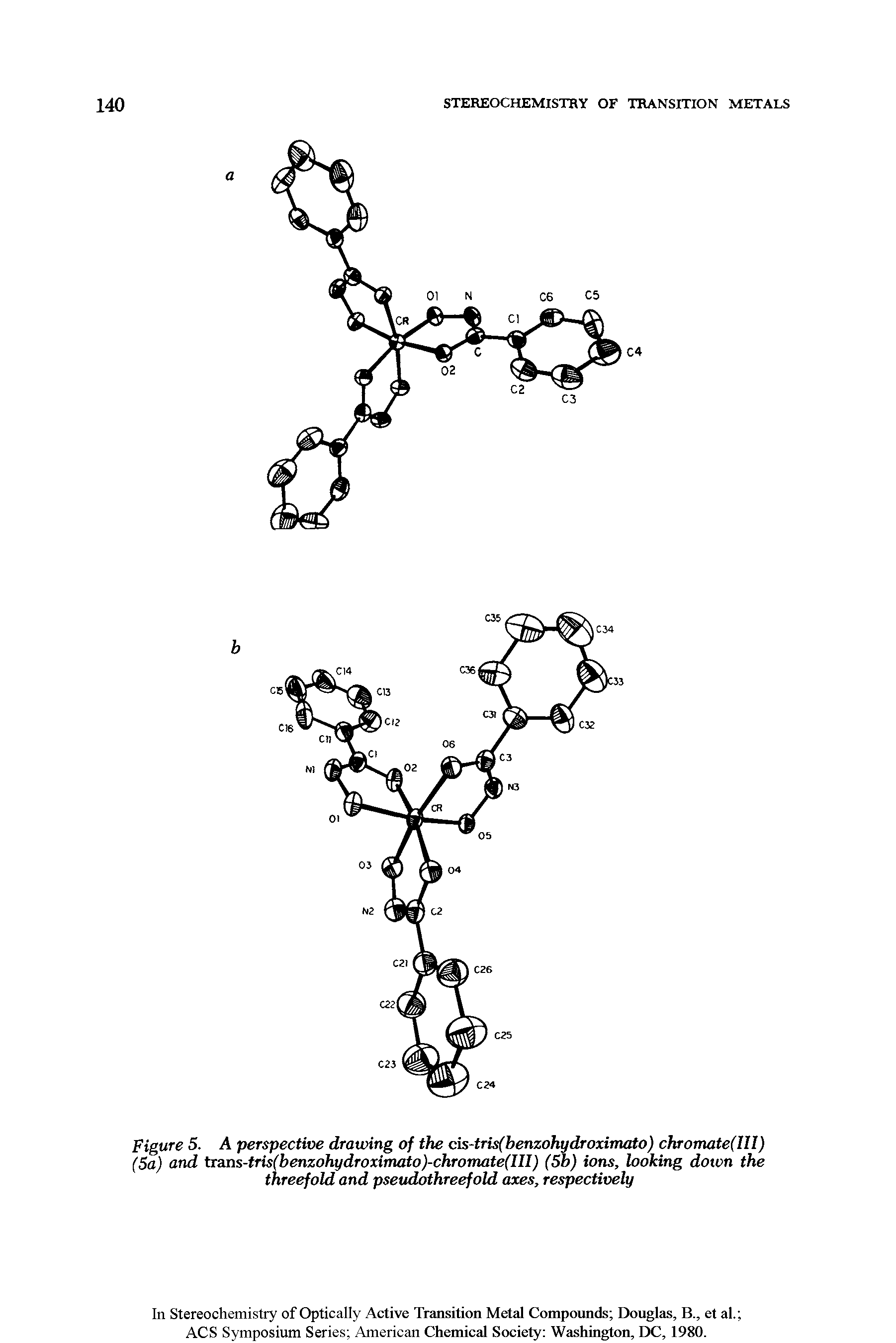 Figure 5. A perspective drawing of the cis-trisfbenzohydroximato) chromate(III) (5a) and trans-tris(benzohydroximato)-chromate(III) (5b) ions, looking down the threefold and pseudothreefold axes, respectively...