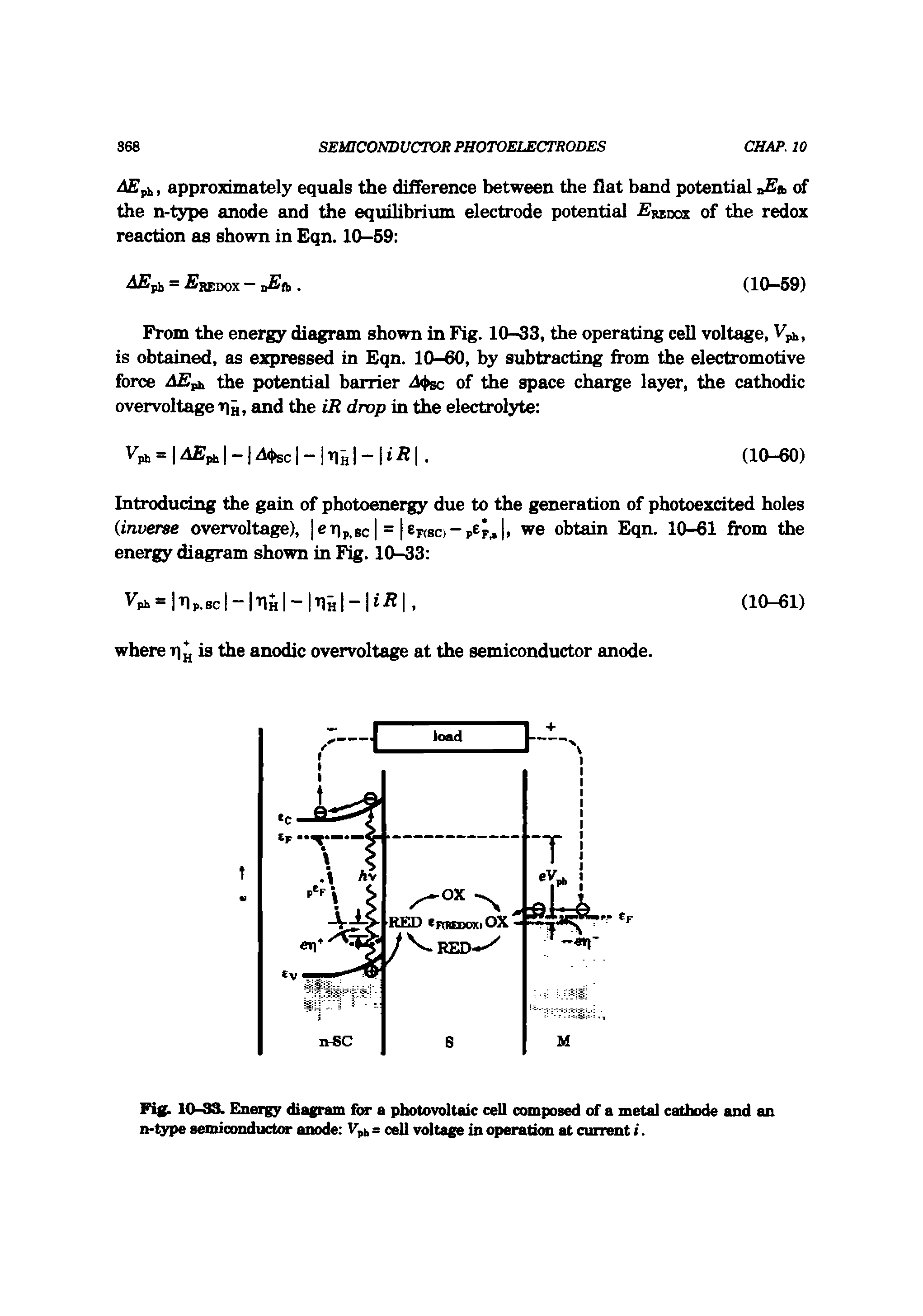 Fig. 10-33. Energy diagram for a photovoltaic cell composed of a metal cathode and an n>type semiconductor anode Vpi, = cell voltage in operation at current <.