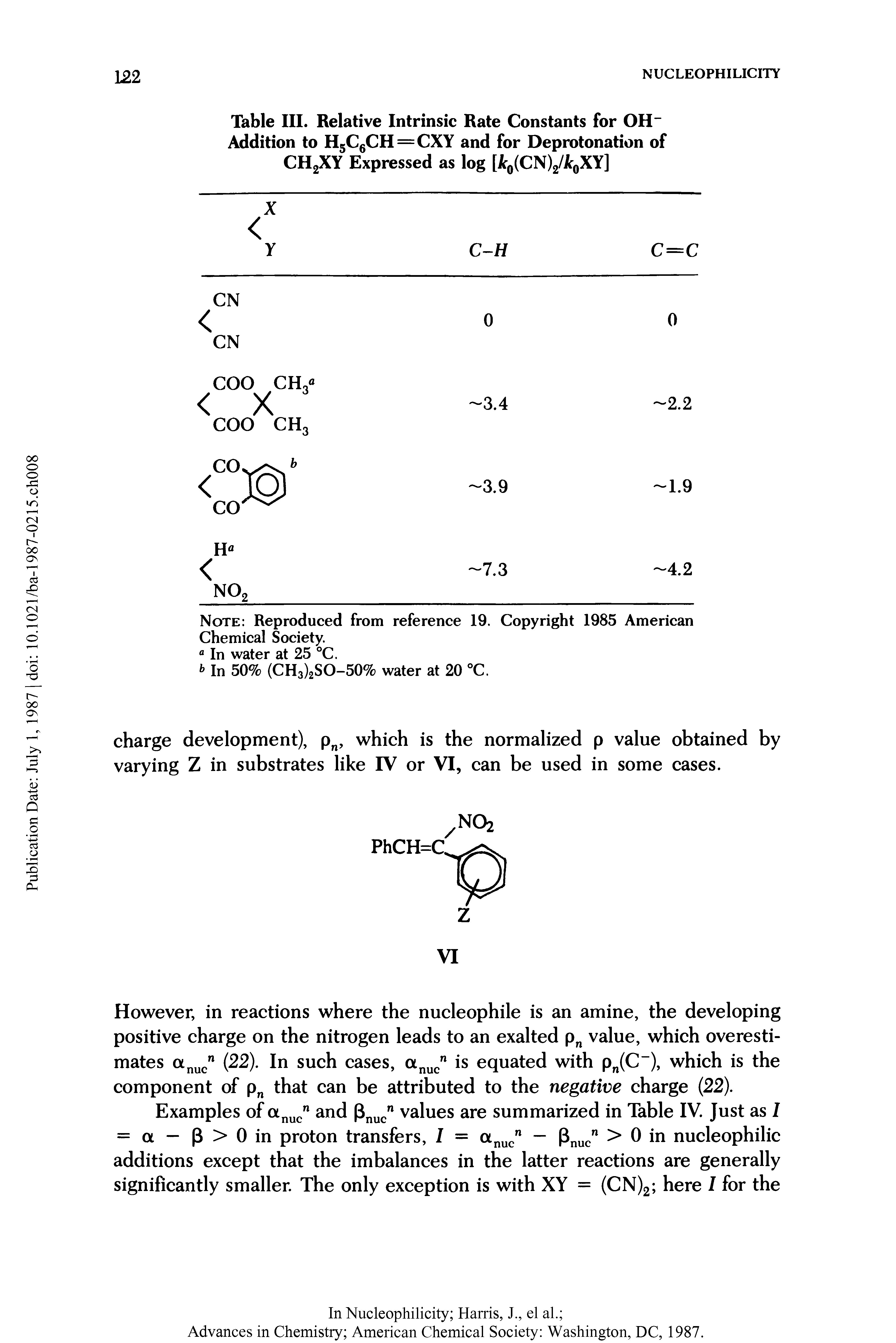 Table III. Relative Intrinsic Rate Constants for OH-Addition to H5C6CH=CXY and for Deprotonation of CH2XY Expressed as log [ 0(CN)2/k0XY]...