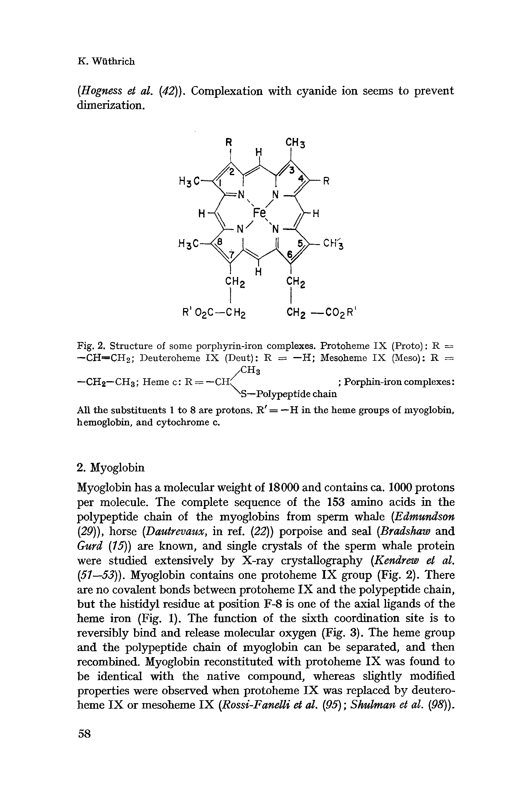 Fig. 2. Structure of some porphyrin-iron complexes. Protoheme IX (Proto) R = —CH=CH2 Deuteroheme IX (Deut) R = —H Mesoheme IX (Meso) R =...