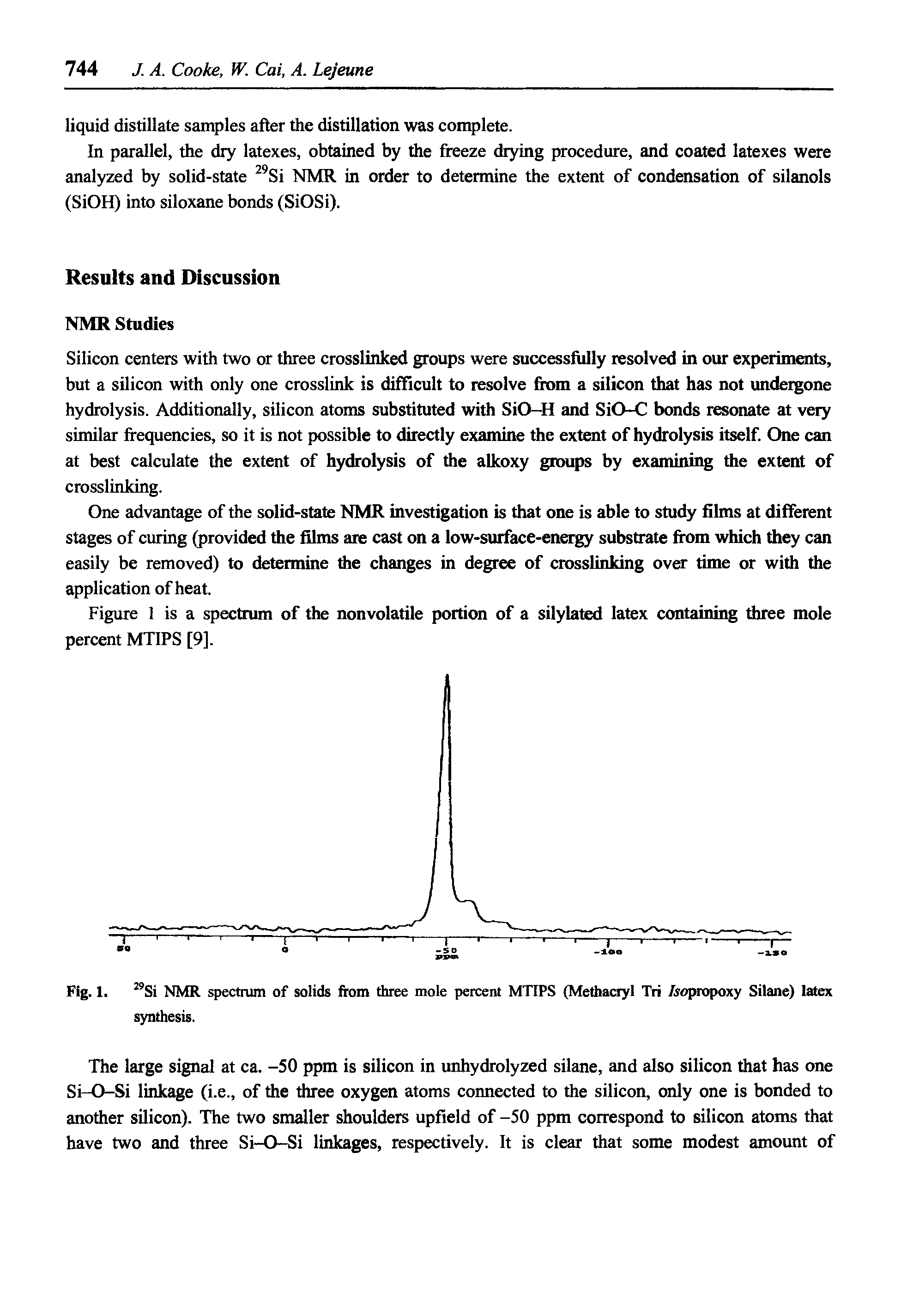 Fig. 1. Si NMR spectrum of solids from three mole percent MTIPS (Methaciyl Tri Aopropoxy Silane) latex synthesis.