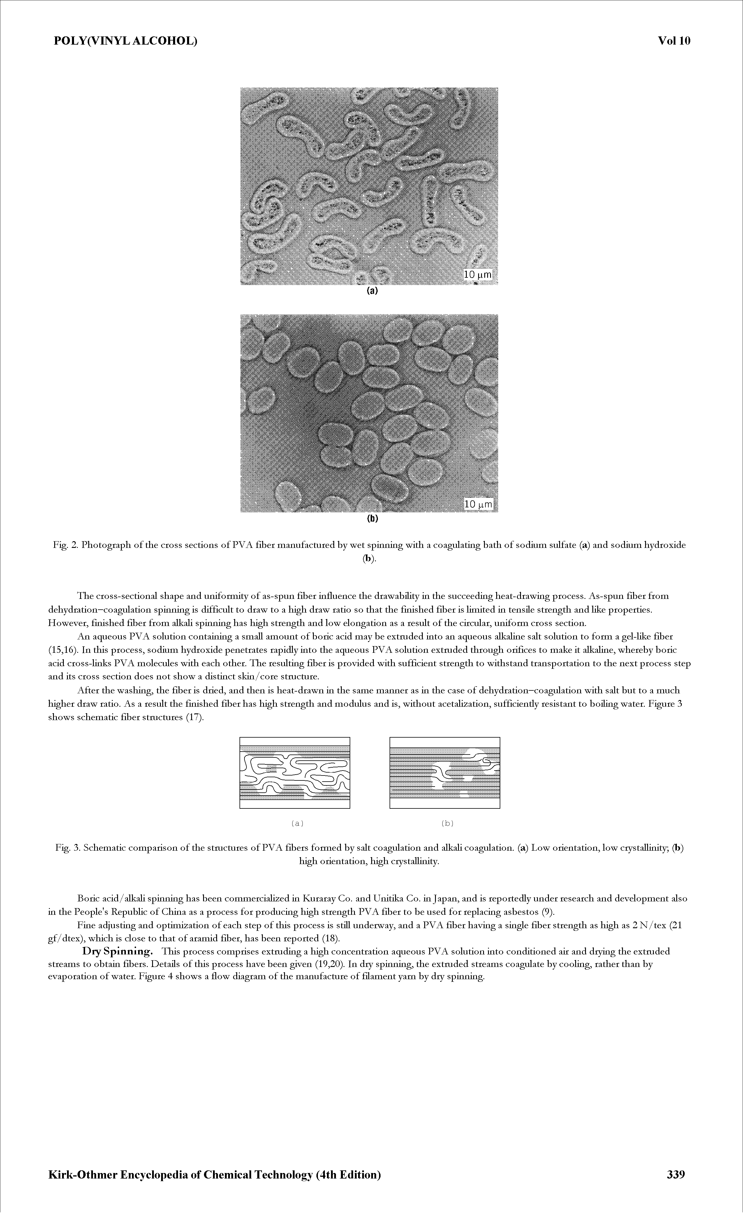 Fig. 2. Pliotogiapli of the cross sections of PVA fiber manufactured by wet spinning with a coagulating bath of sodium sulfate (a) and sodium hydroxide...