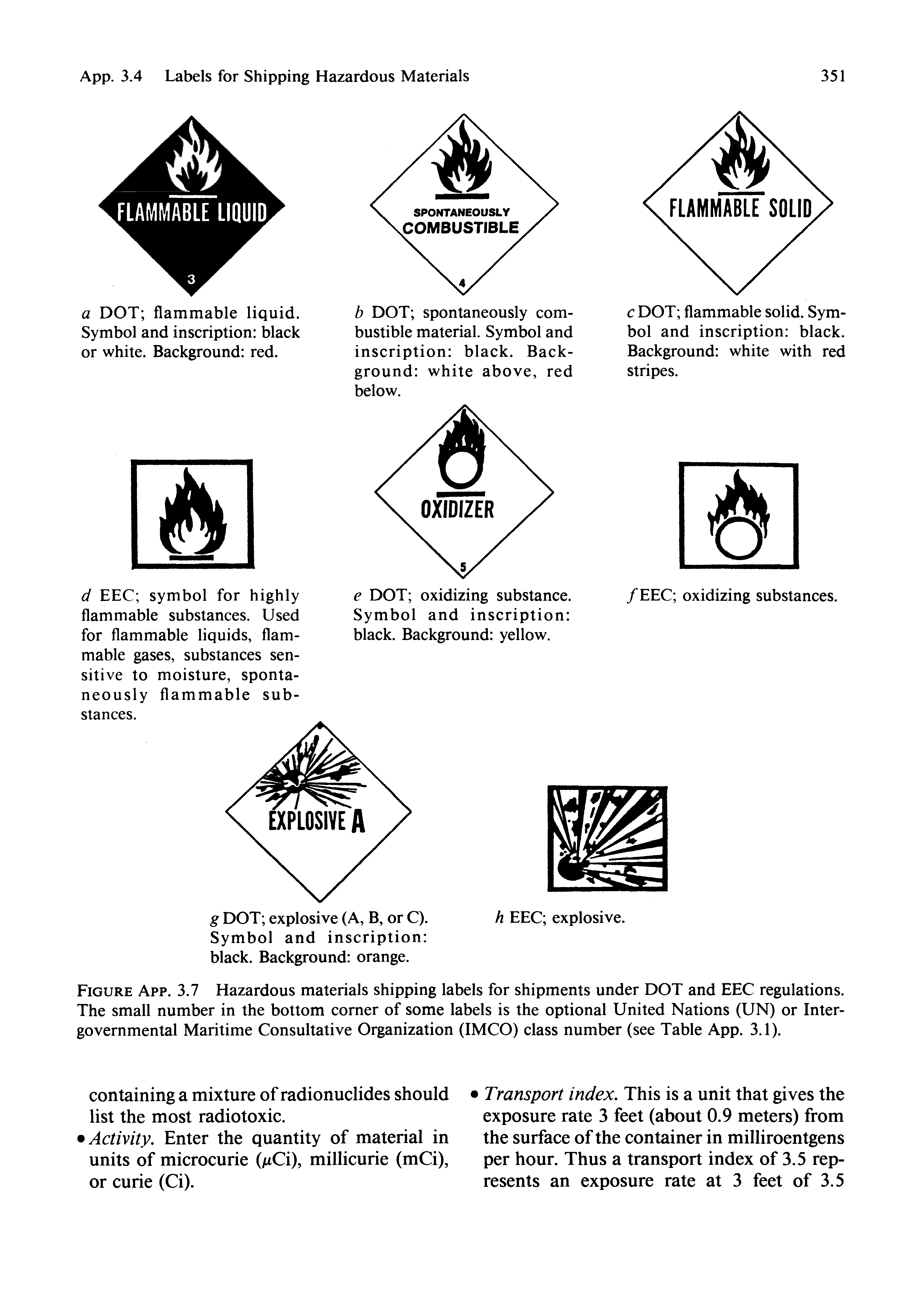 Figure App. 3.7 Hazardous materials shipping labels for shipments under DOT and EEC regulations. The small number in the bottom corner of some labels is the optional United Nations (UN) or Intergovernmental Maritime Consultative Organization (IMCO) class number (see Table App. 3.1).