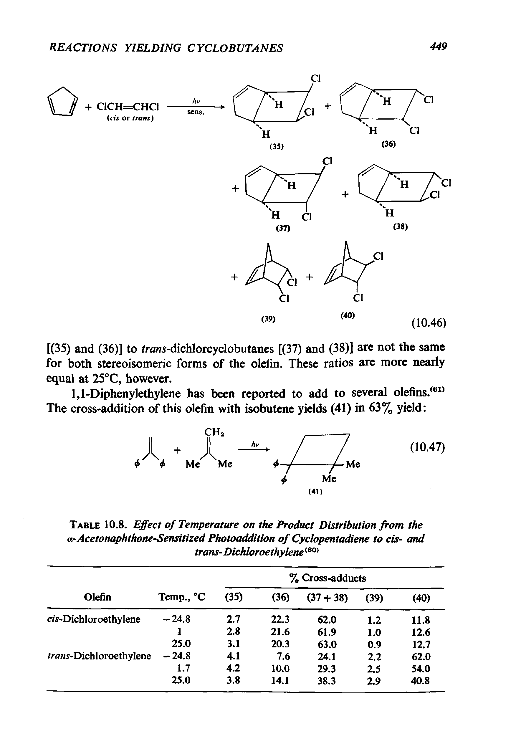 Table 10.8. Effect of Temperature on the Product Distribution from the a-Acetonaphthone-Sensitized Photoaddition of Cyclopentadiene to cis- and trans-Dichloroethylene<60>...