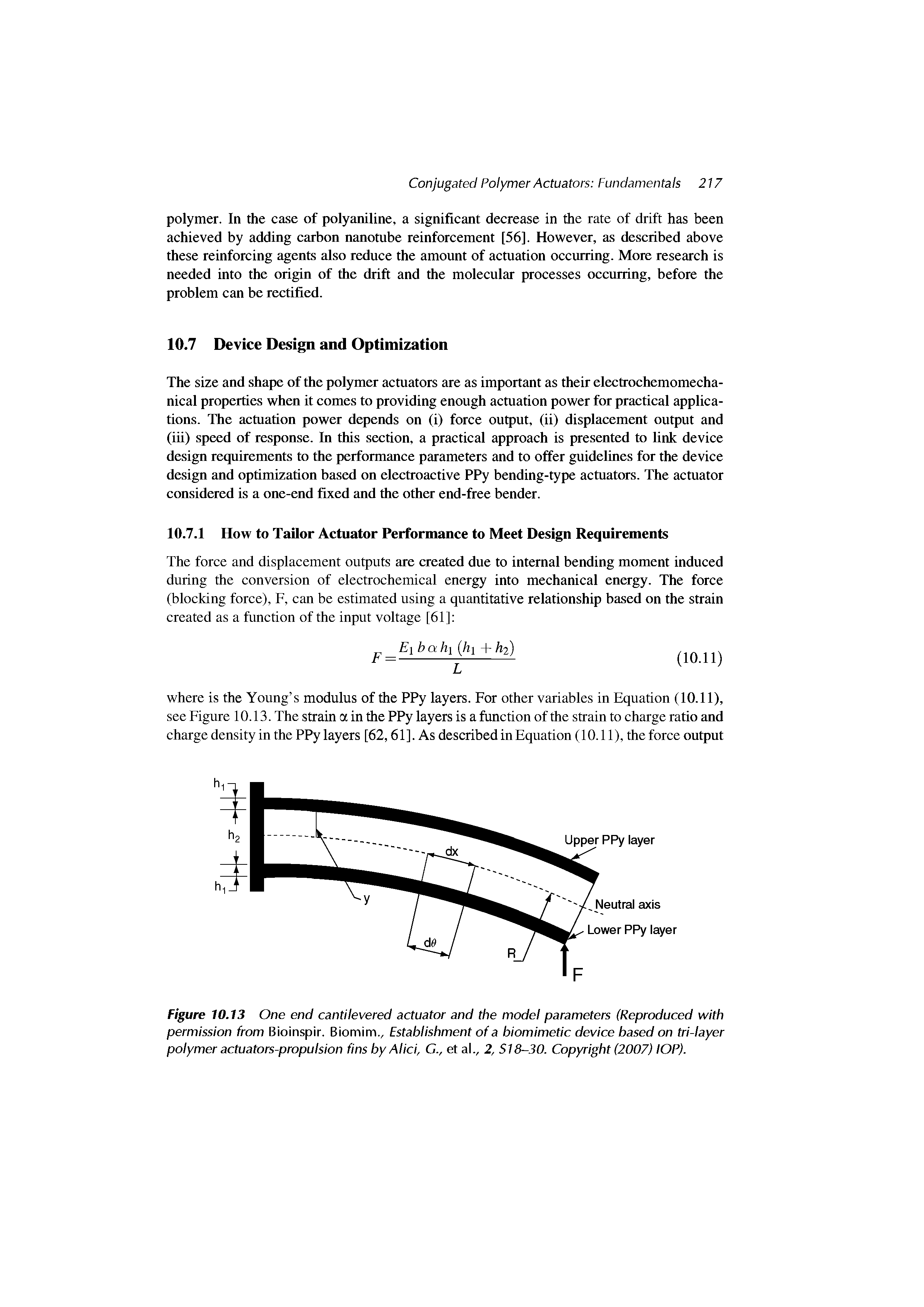 Figure 10.13 One end cantilevered actuator and the model parameters (Reproduced with permission from Bioinspir. Biomim., Establishment of a biomimetic device based on tri-layer polymer actuators-propulsion fins by Alid, G., et al., 2, S18-30. Copyright (2007) lOP).