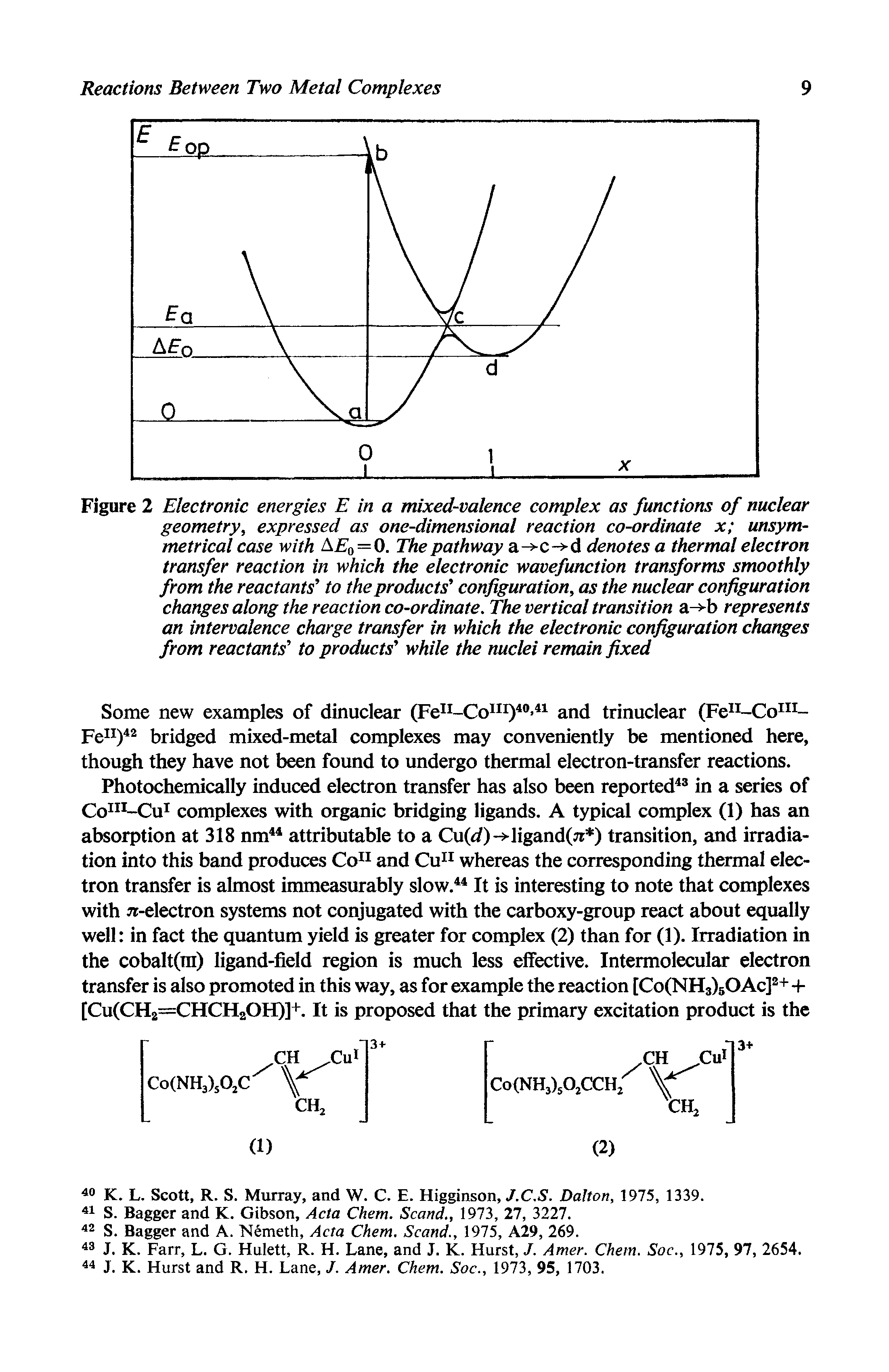 Figure 2 Electronic energies E in a mixed-valence complex as functions of nuclear geometry, expressed as one-dimensional reaction co-ordinate x unsym-metrical case with A o=0. The pathway a->c- d denotes a thermal electron transfer reaction in which the electronic wavefunction transforms smoothly from the reactants to the products configuration, as the nuclear configuration changes along the reaction co-ordinate. The vertical transition a- -b represents an intervalence charge transfer in which the electronic configuration changes from reactants to products while the nuclei remain fixed...
