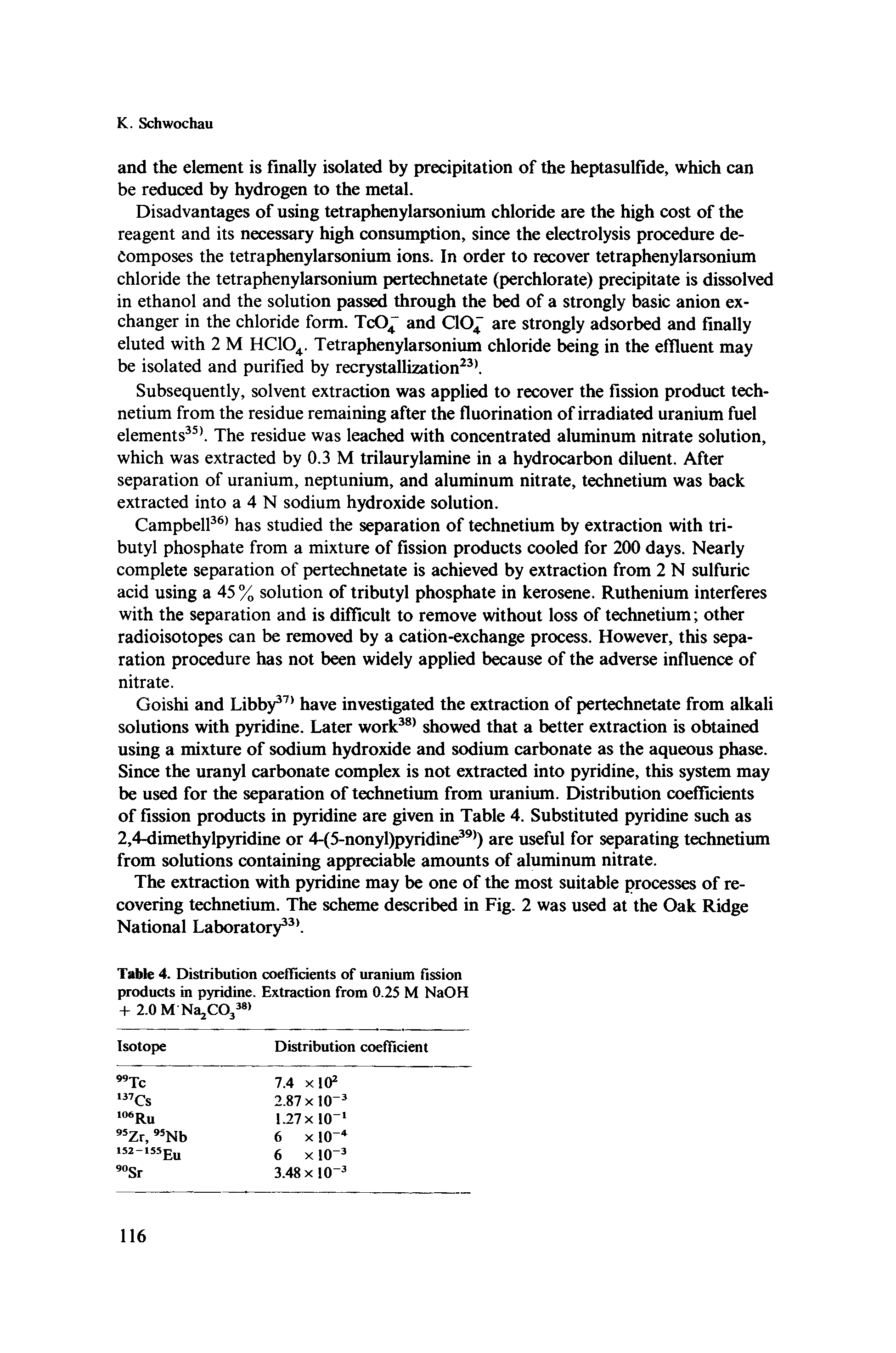 Table 4. Distribution coefllcients of uranium fission products in pyridine. Extraction from 0.25 M NaOH + 2.0 M Na COj ...