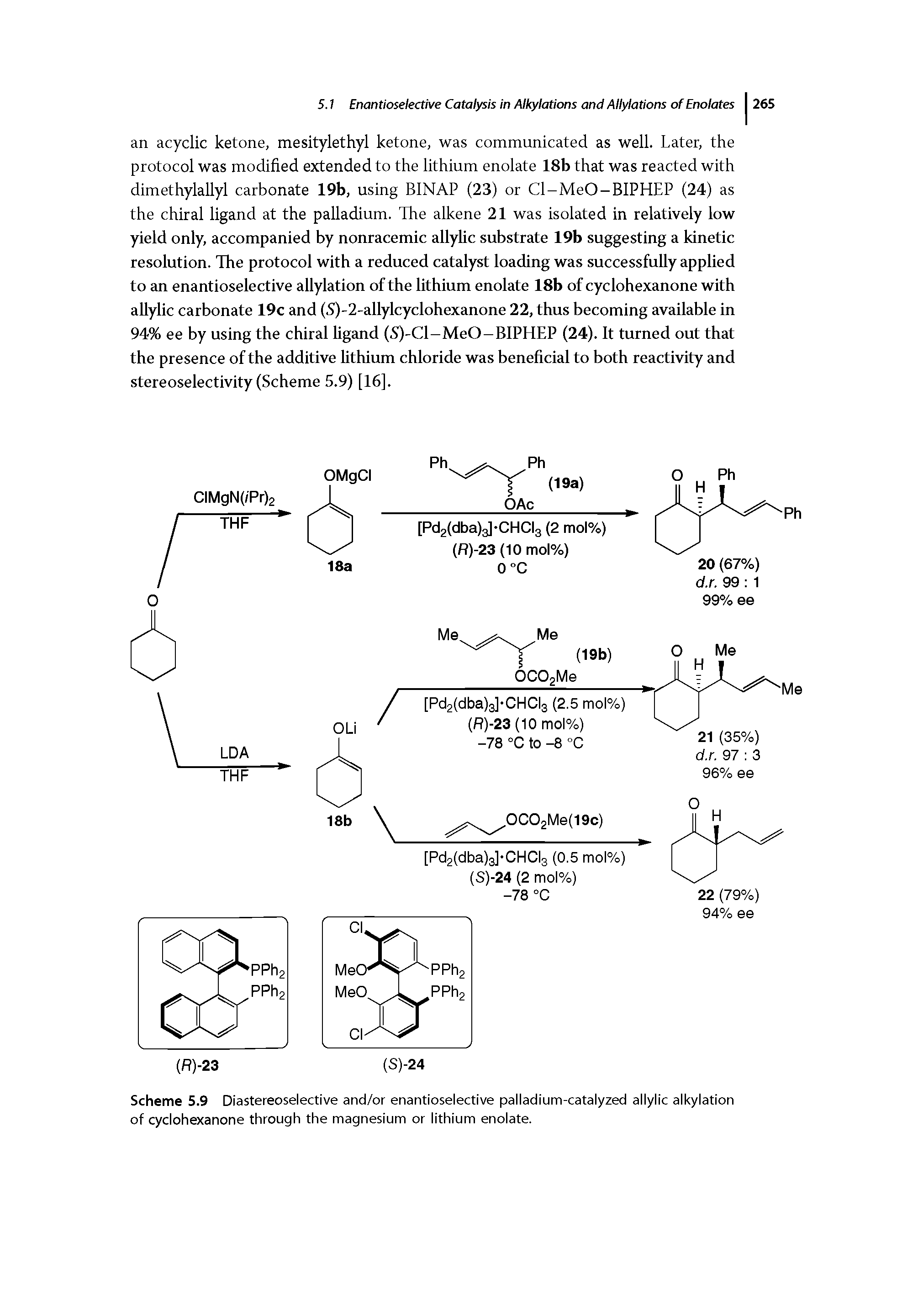 Scheme 5.9 Diastereoselective and/or enantioselective palladium-catalyzed allylic alkylation of cyclohexanone through the magnesium or lithium enolate.