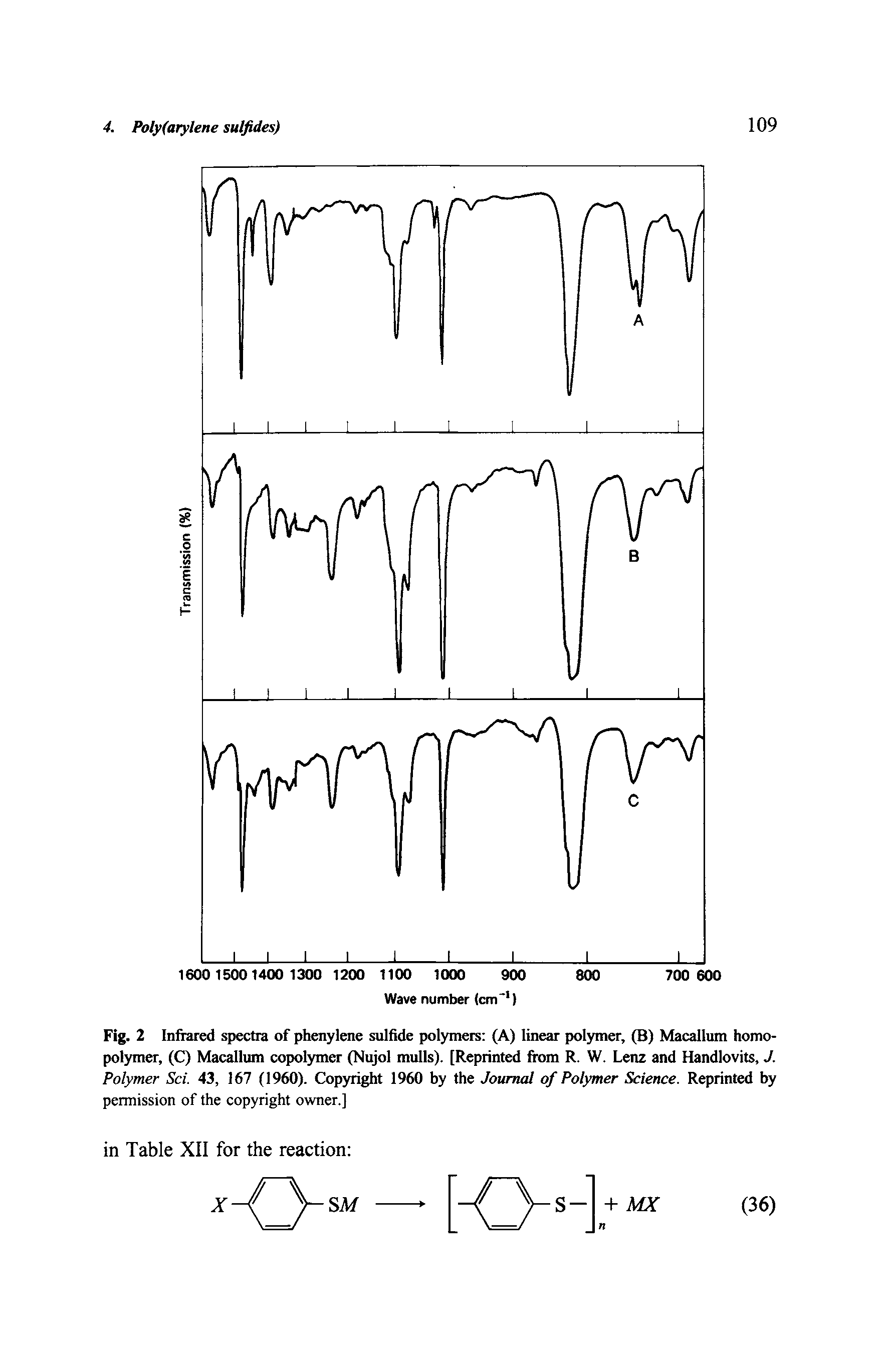 Fig. 2 Iniiaied spectra of phenylene sulfide polymers (A) linear polymer, (B) Macallum homopolymer, (C Macallum copolymer (Nujol mulls). [Reprinted from R. W. Lenz and Handlovits, J. Polymer Sci. 43, 167 (1960). Copyright 1960 by the Journal of Polymer Science. Reprinted by...