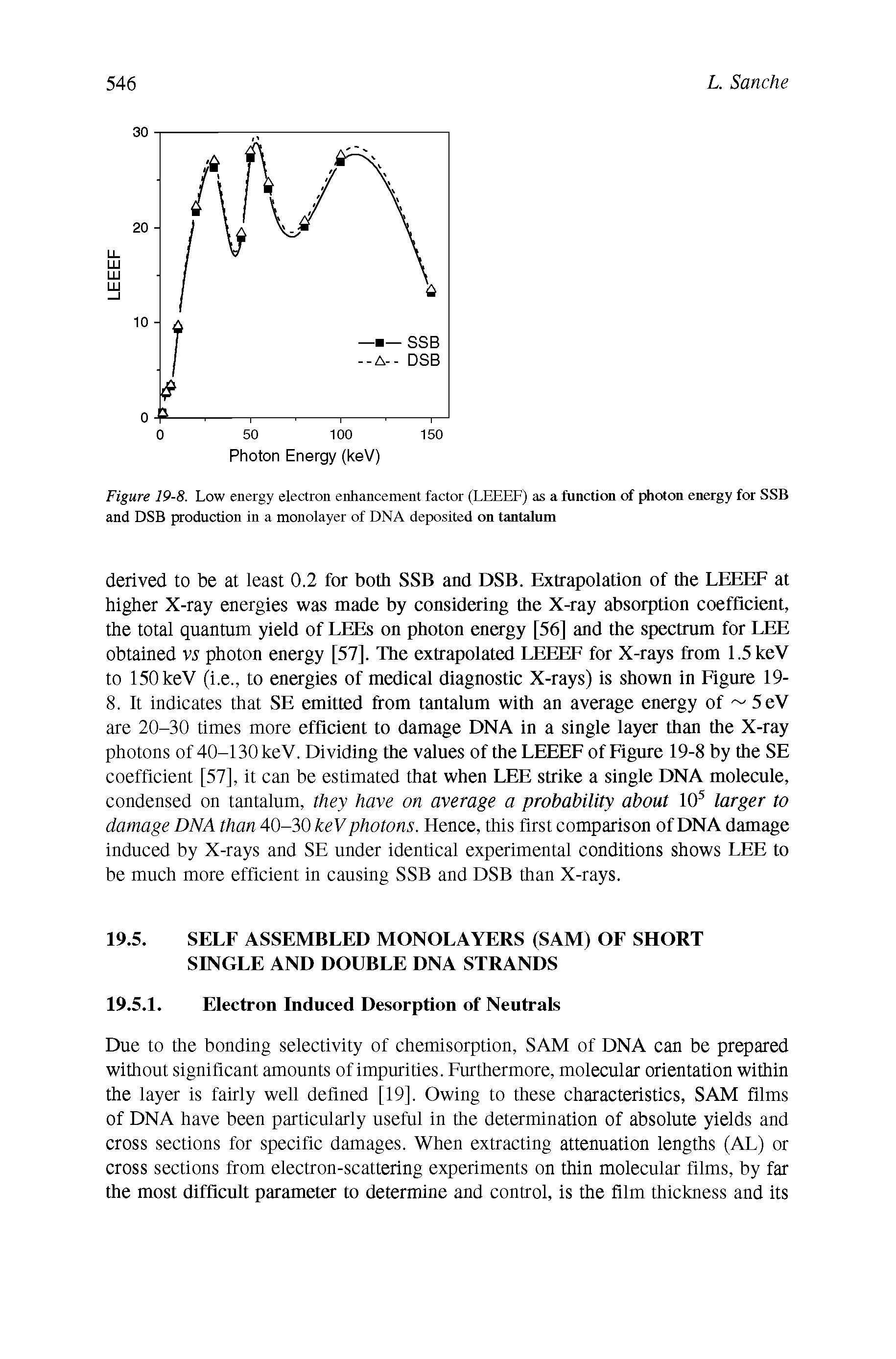 Figure 19-8. Low energy electron enhancement factor (LEEEF) as a function of photon energy for SSB and DSB production in a monolayer of DNA deposited on tantalum...