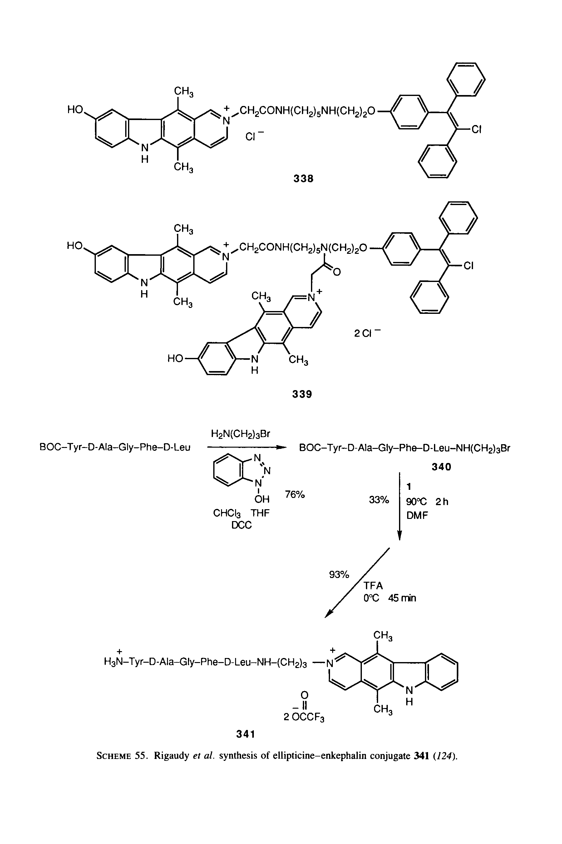 Scheme 55. Rigaudy et al. synthesis of ellipticine-enkephalin conjugate 341 (124).