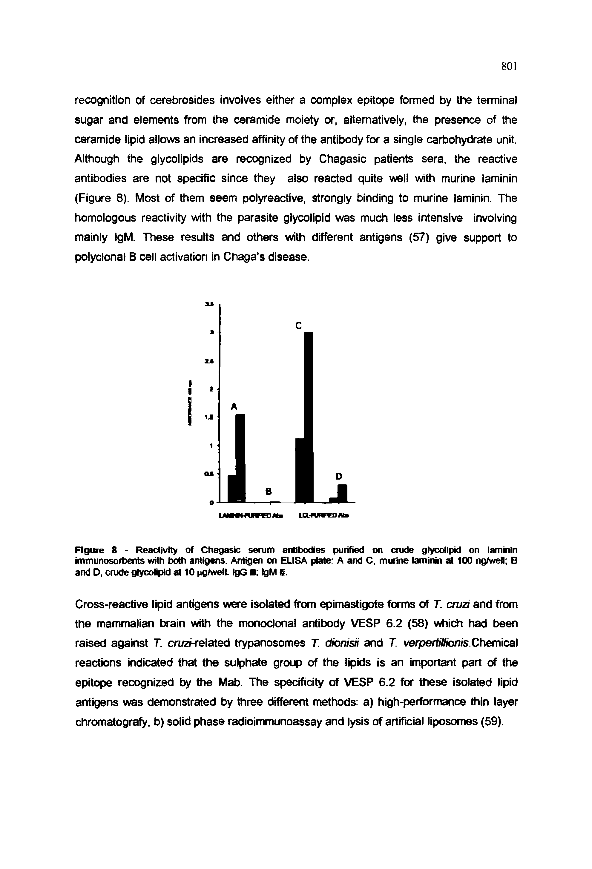Figure 8 - Reactivity of Chagasic serum antibodies purified on crude glycolipid on laminin immunosorbents with both antigens. Antigen on ELISA plate A and C. murine laminin at 100 ng/well B and D, crude glycolipid at 10 pg/well. IgG IgM B.