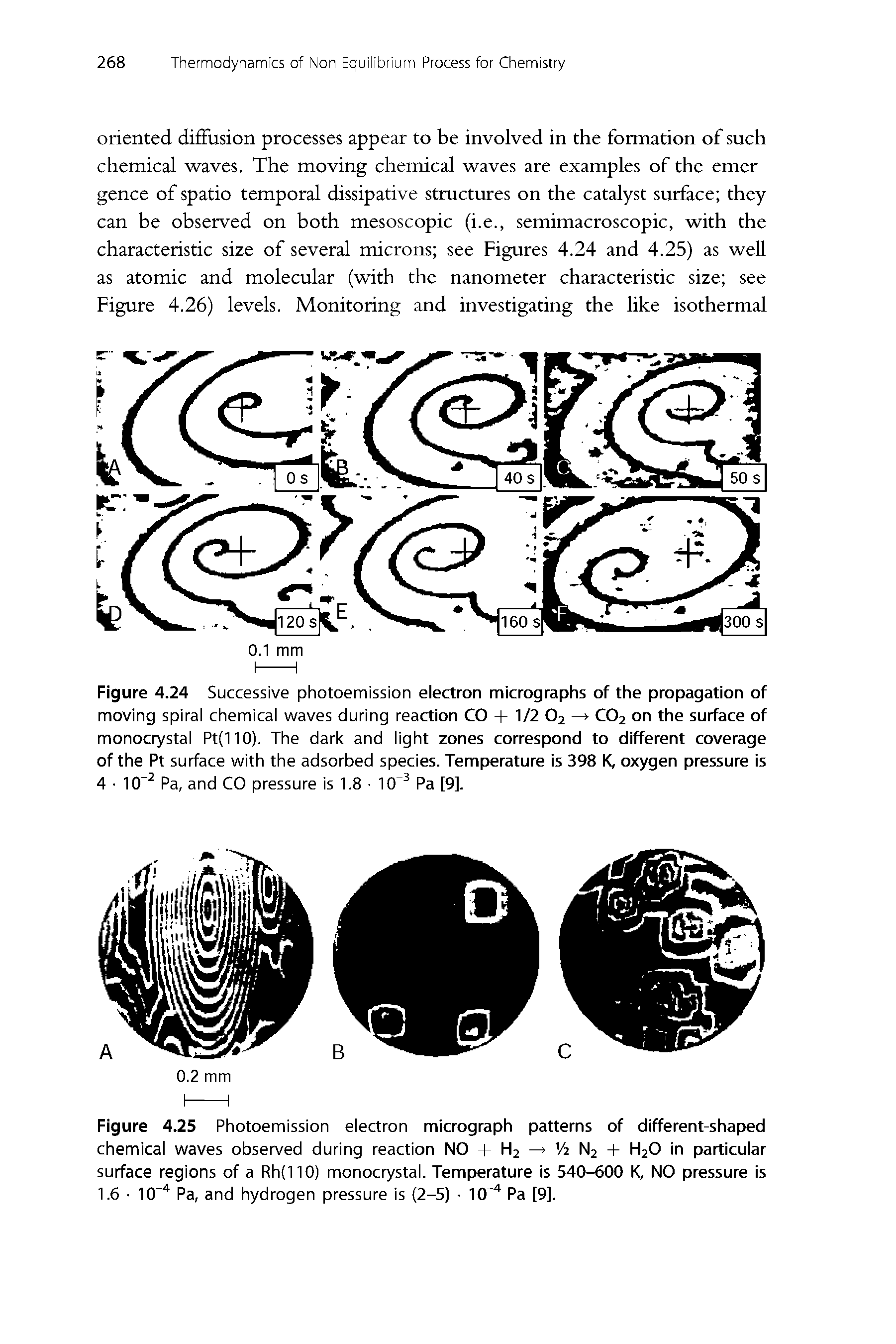 Figure 4.24 Successive photoemission electron micrographs of the propagation of moving spiral chemical waves during reaction CO + 1/2 O2 —> CO2 on the surface of monocrystal Pt(llO). The dark and light zones correspond to different coverage of the Pt surface with the adsorbed species. Temperature is 398 K, oxygen pressure is 4-10 Pa, and CO pressure is 1.8 10 Pa [9].