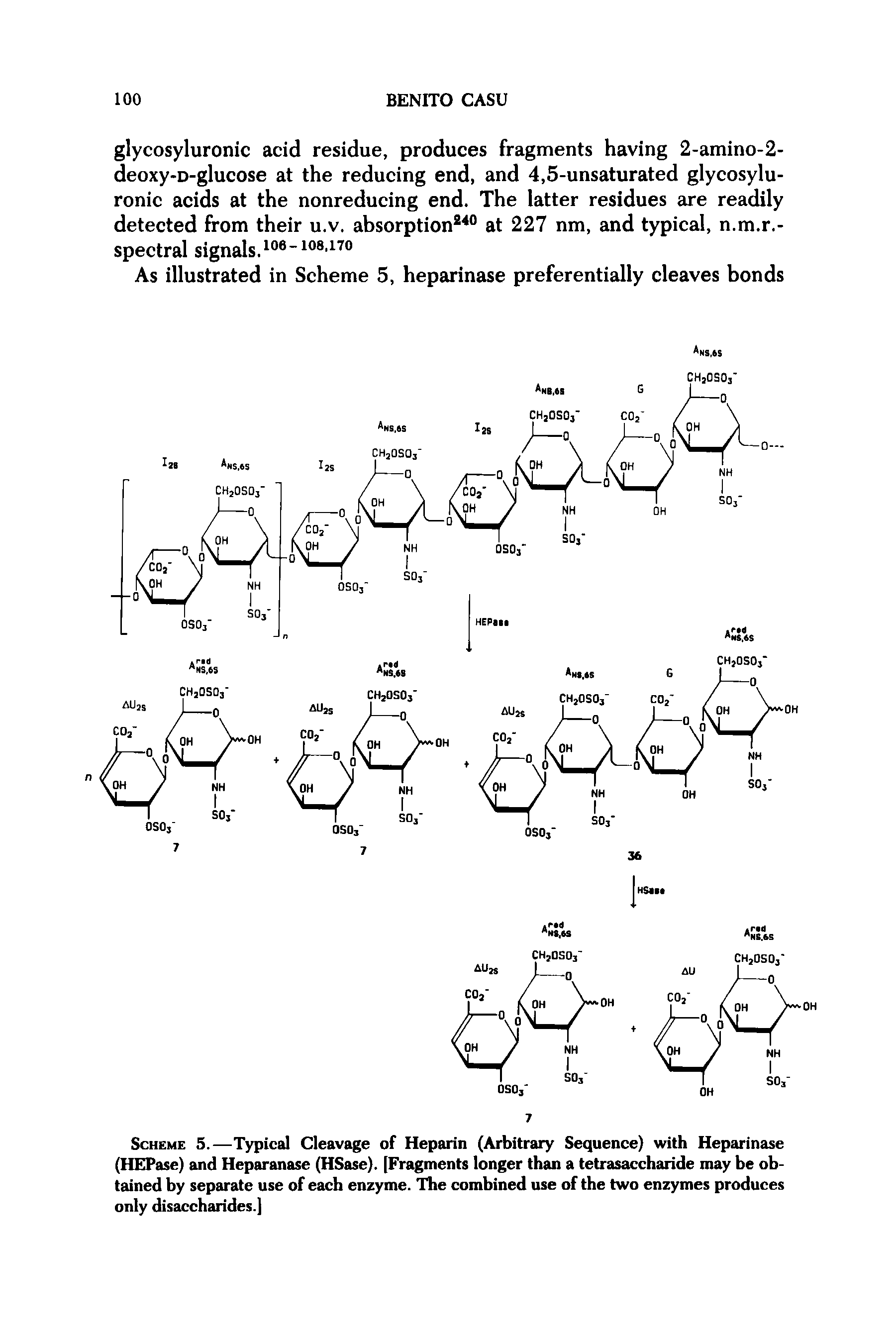 Scheme 5.—Typical Cleavage of Heparin (Arbitrary Sequence) with Heparinase (HEPase) and Heparanase (HSase). [Fragments longer than a tetrasaccharide may be obtained by separate use of each enzyme. The combined use of the two enzymes produces only disaccharides.]...