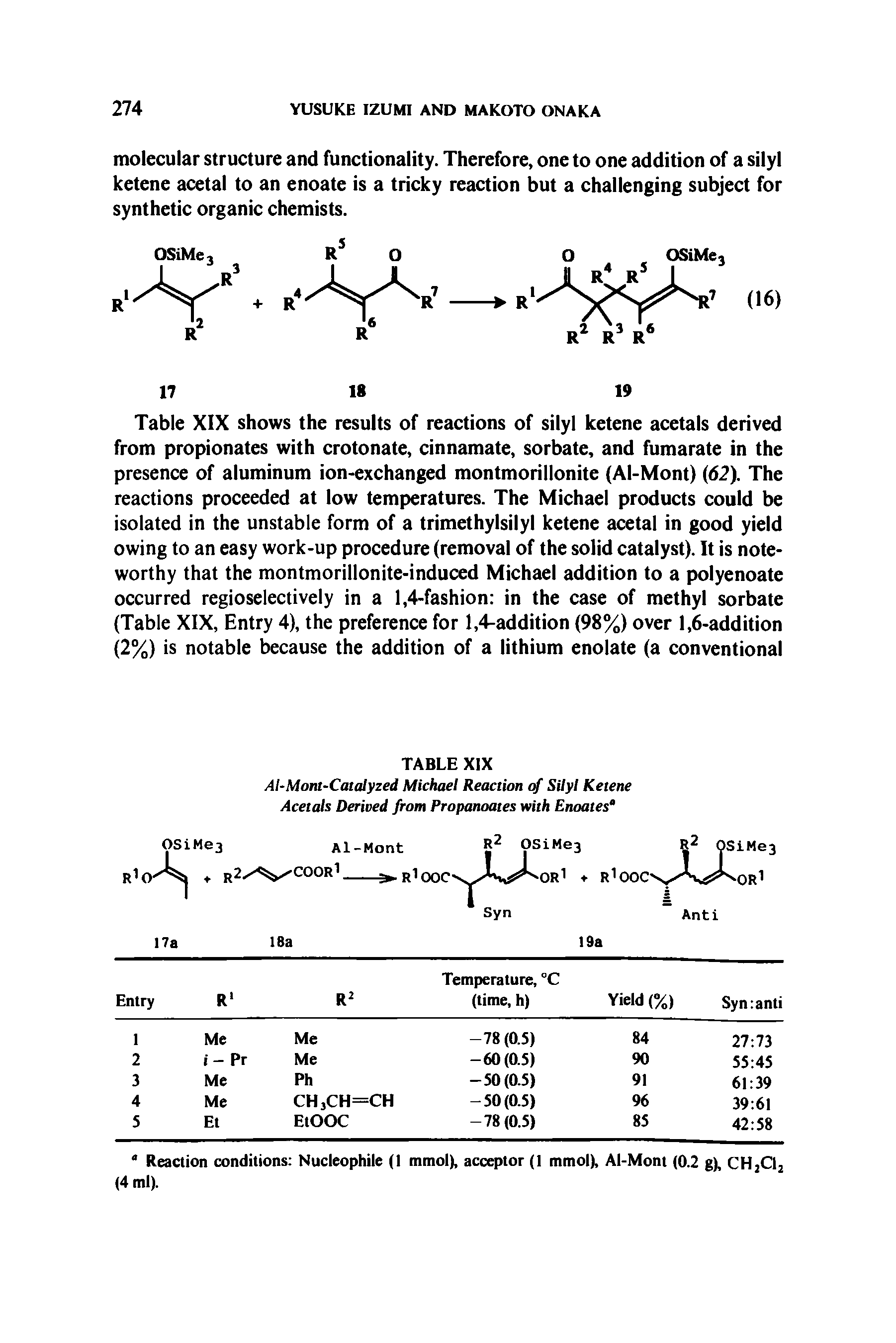 Table XIX shows the results of reactions of silyl ketene acetals derived from propionates with crotonate, cinnamate, sorbate, and fumarate in the presence of aluminum ion-exchanged montmorillonite (Al-Mont) (62). The reactions proceeded at low temperatures. The Michael products could be isolated in the unstable form of a trimethylsilyl ketene acetal in good yield owing to an easy work-up procedure (removal of the solid catalyst). It is noteworthy that the montmorillonite-induced Michael addition to a polyenoate occurred regioselectively in a 1,4-fashion in the case of methyl sorbate (Table XIX, Entry 4), the preference for 1,4-addition (98%) over 1,6-addition (2%) is notable because the addition of a lithium enolate (a conventional...