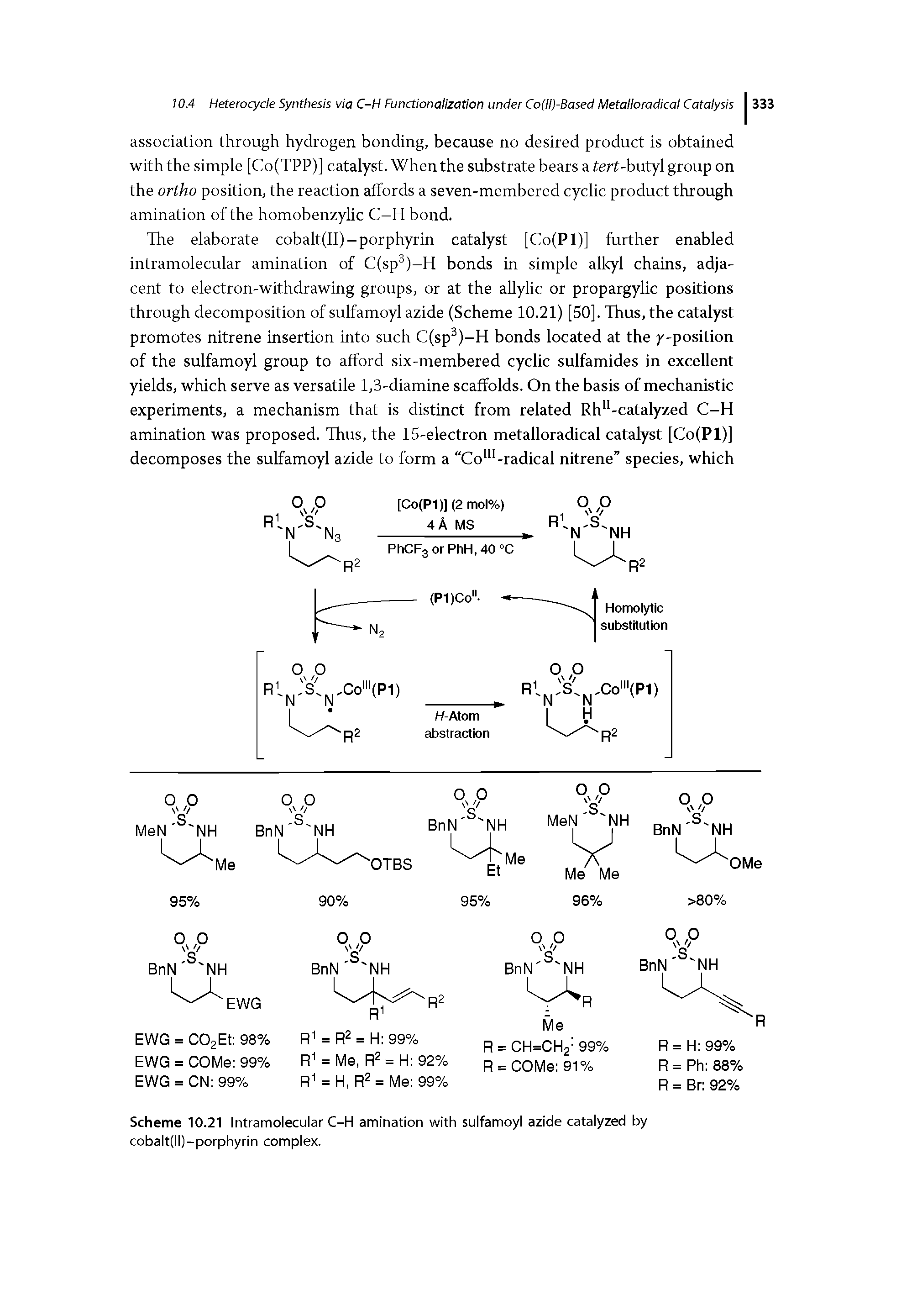 Scheme 10.21 Intramolecular C-H amination with sulfamoyl azide catalyzed by cobalt(ll)-porphyrin complex.