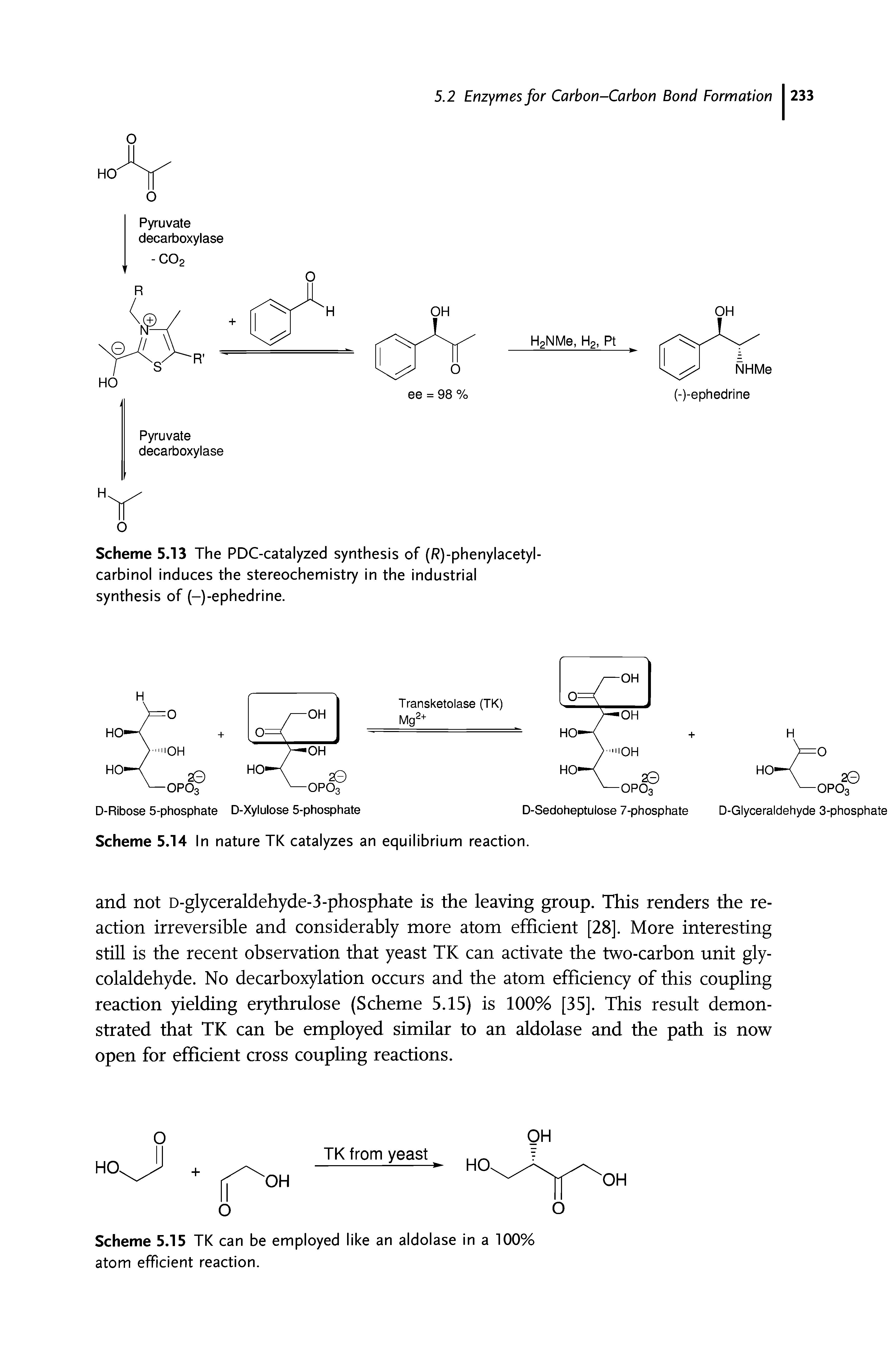 Scheme 5.13 The PDC-catalyzed synthesis of (R)-phenylacetyl-carbinol induces the stereochemistry in the industrial synthesis of (-)-ephedrine.