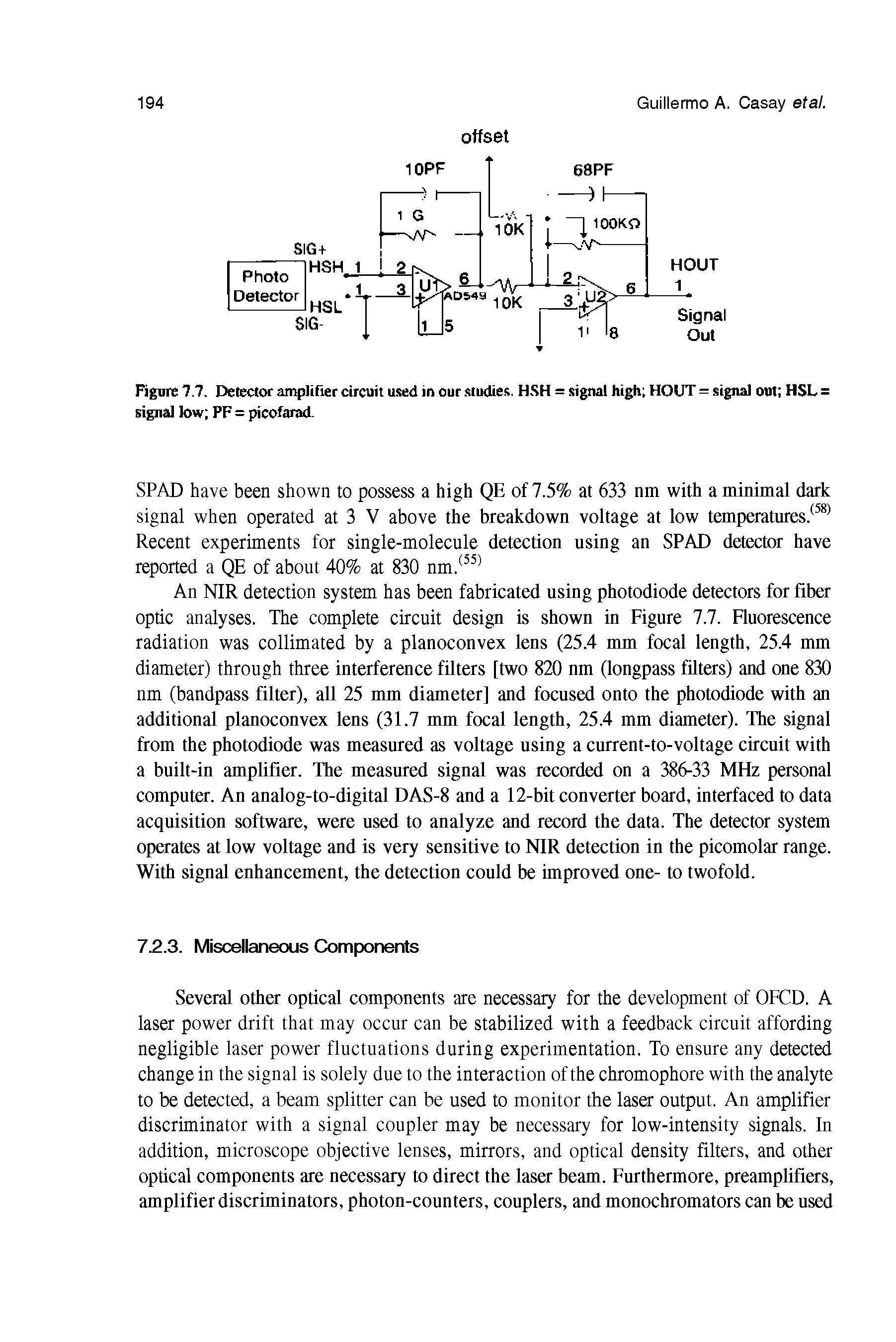 Figure 7.7. Detector amplifier circuit used in our studies. HSH = signal high HOUT = signal out HSL = signal low PF = picofarad.