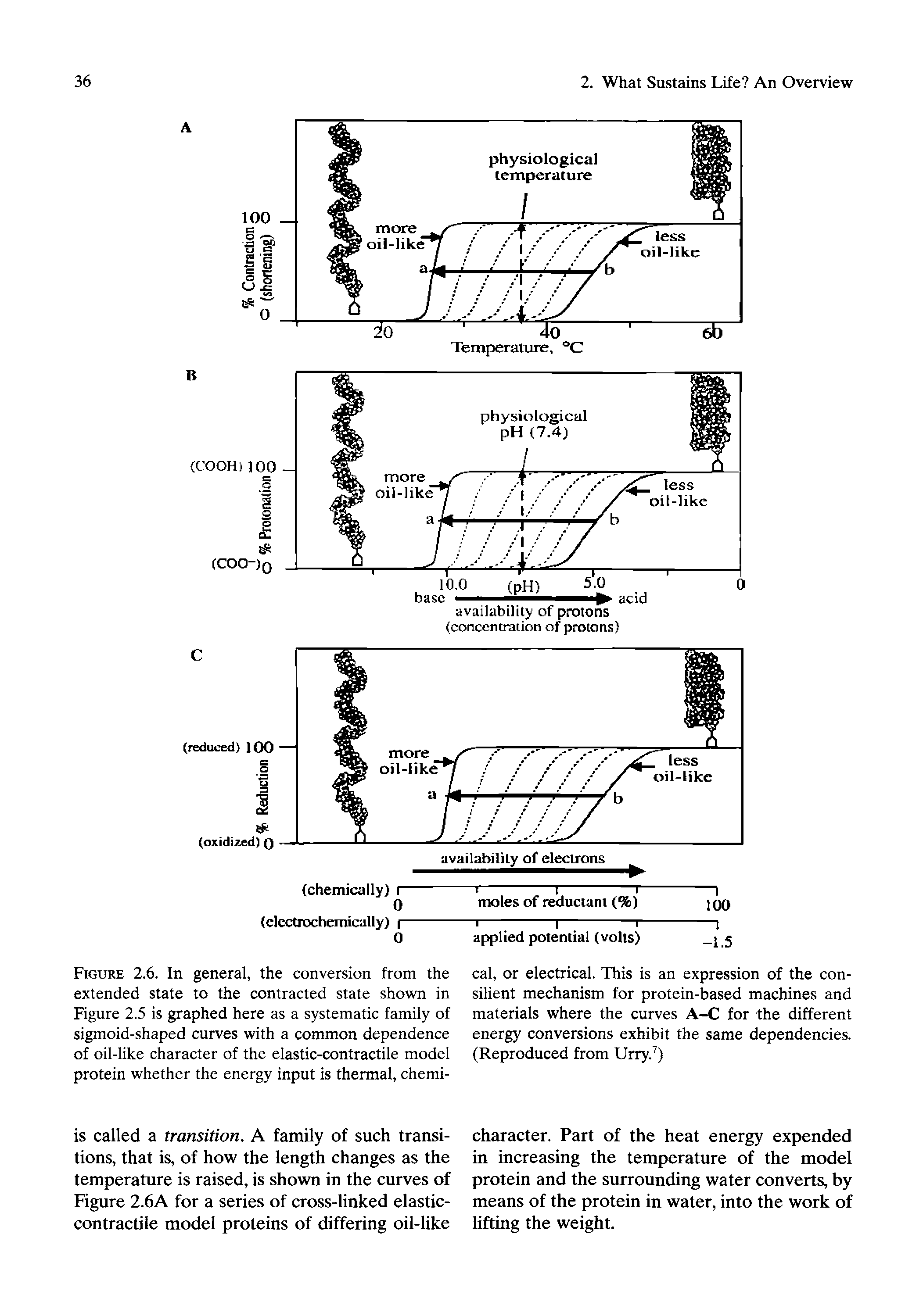 Figure 2.6. In general, the conversion from the extended state to the contracted state shown in Figure 2.5 is graphed here as a systematic family of sigmoid-shaped curves with a common dependence of oil-like character of the elastic-contractile model protein whether the energy input is thermal, chemi-...