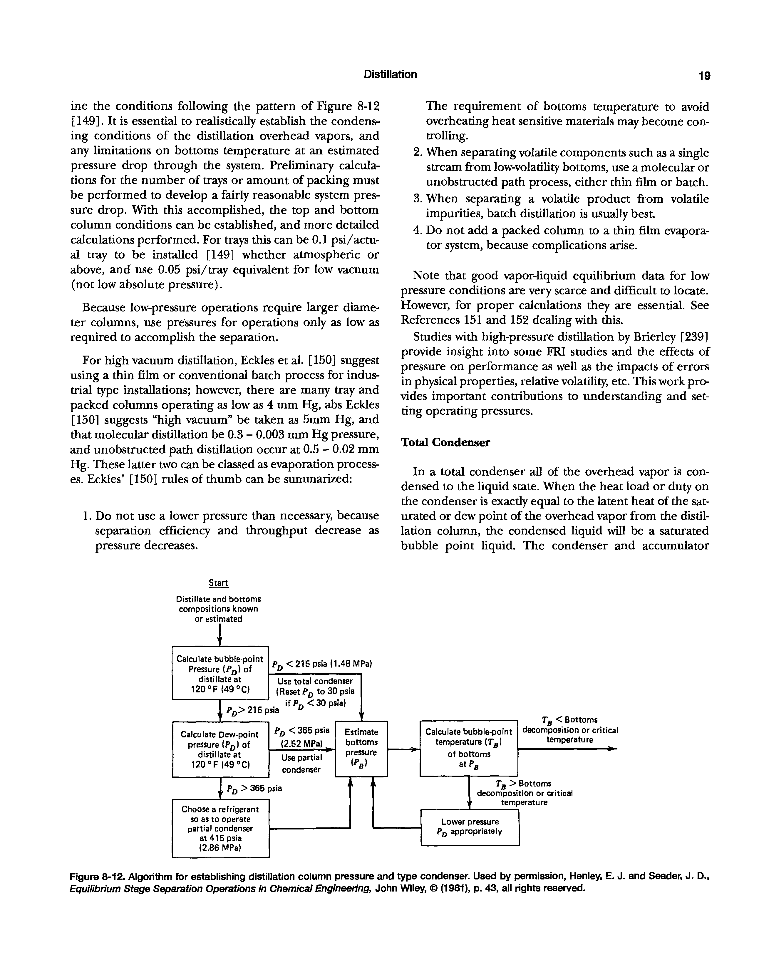 Figure 8-12. Algorithm for establishing distillation column pressure and type condenser. Used by permission, Heniey, E. J. and Seader, J. D., Equilibrium Stage Separation Operations in Chemical Engineering, John Wiiey, (1981), p. 43, aii rights reserved.