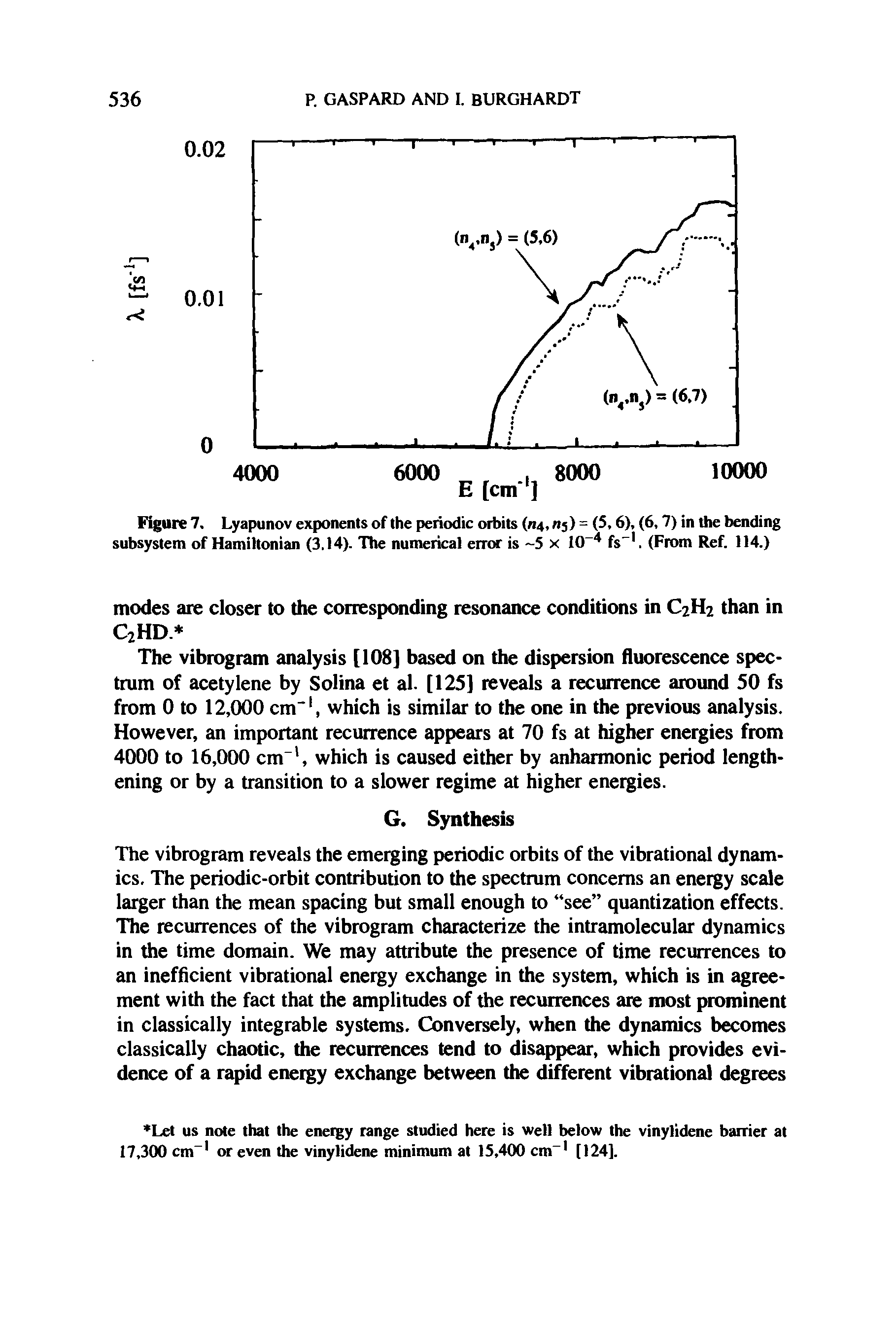 Figure 7. Lyapunov exponents of the periodic orbits (n4, n ) = (5,6), (6,7) in the bending subsystem of Hamiltonian (3.14). The numerical error is -5 x 10-4 fs-1. (From Ref. 114.)...
