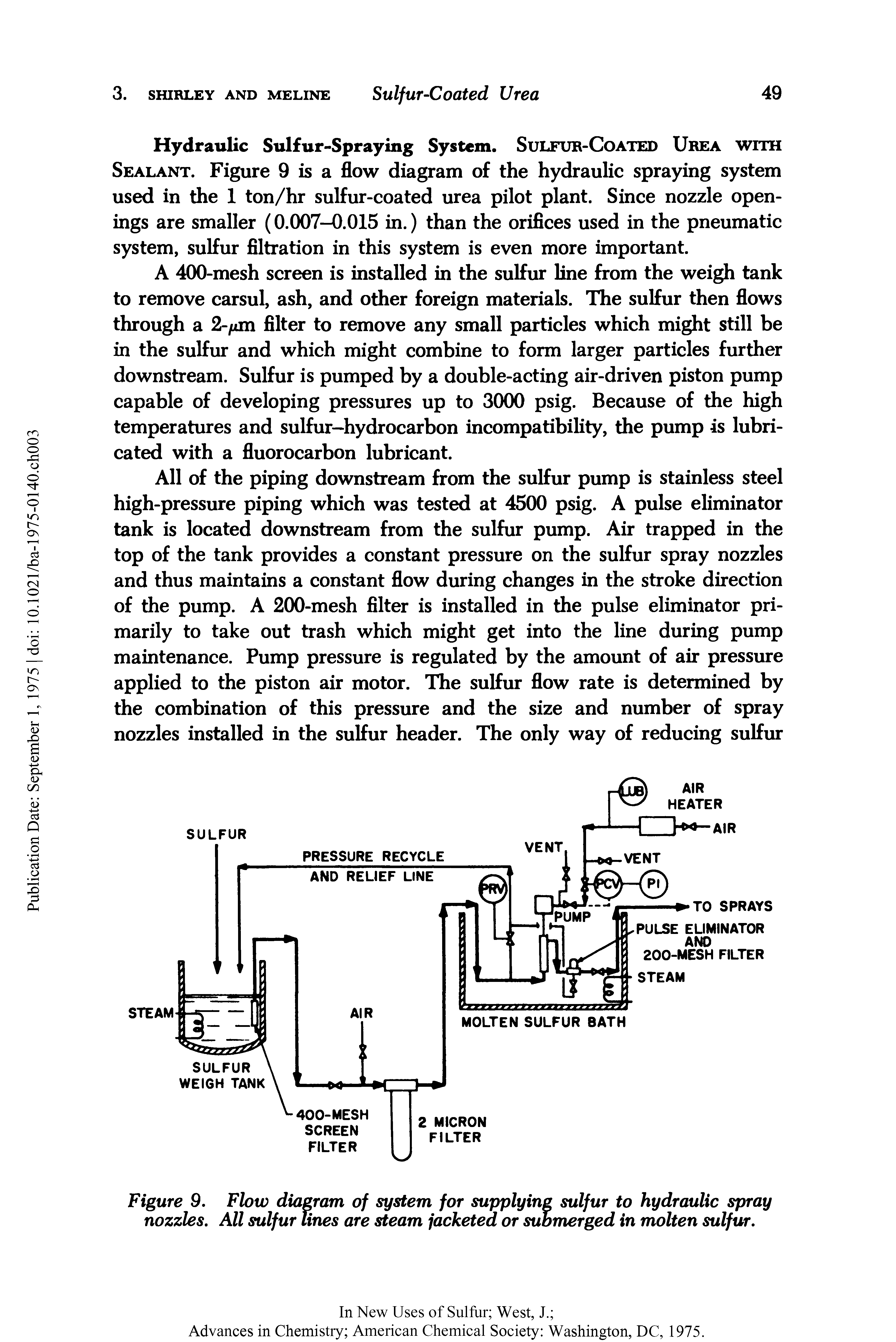 Figure 9. Flow diagram of system for supplying sulfur to hydraulic spray nozzles. All sulfur lines are steam jacketed or submerged in molten sulfur.