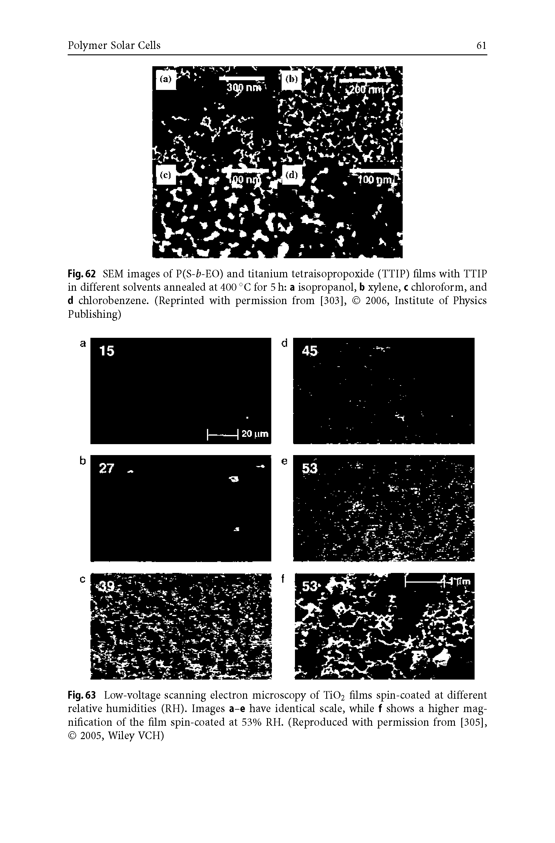 Fig. 63 Low-voltage scanning electron microscopy of Ti02 films spin-coated at different relative humidities (Rti). Images a-e have identical scale, while f shows a higher magnification of the film spin-coated at 53% Rti. (Reproduced with permission from [305], 2005, Wiley VCH)...