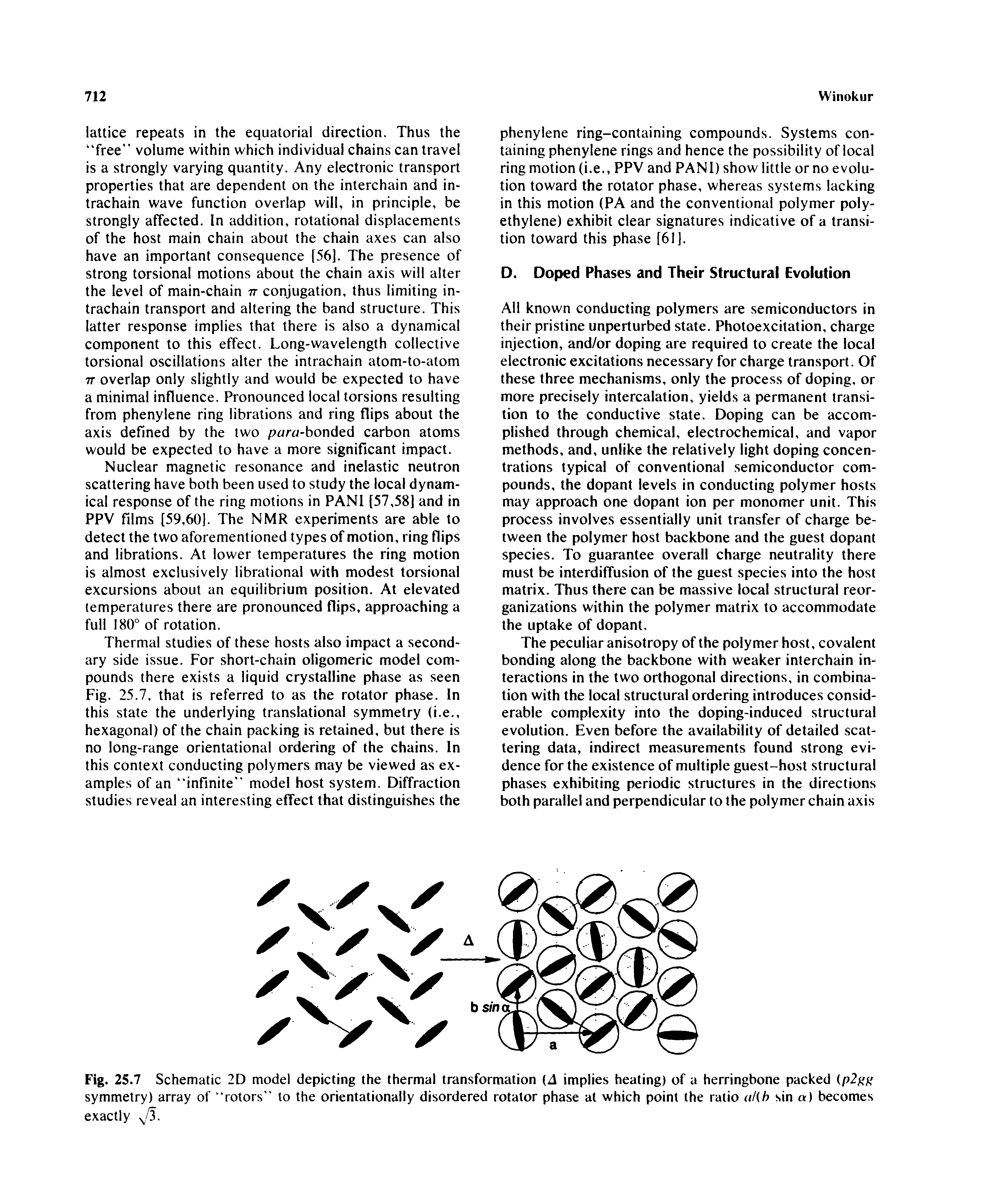 Fig. 25.7 Schematic 2D model depicting the thermal transformation (A implies heating) of a herringbone packed symmetry) array of rotors to the orientationally disordered rotator phase at which point the ratio a/ b sin a) becomes exactly 5.