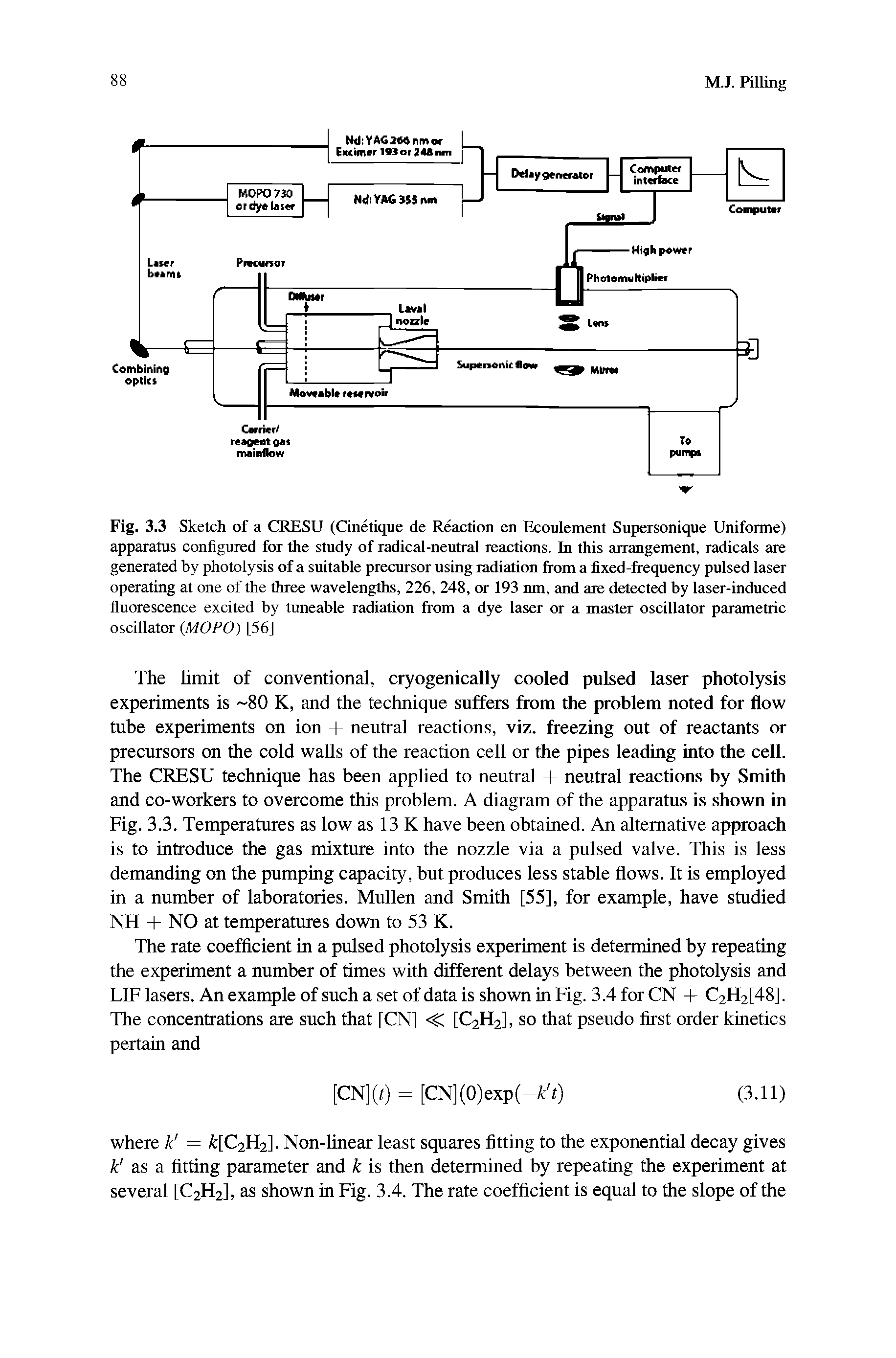 Fig. 3.3 Sketch of a CRESU (Cinetique de Reaction en Ecoulement Supersonique Uniforme) apparatus configured for the study of radical-neutral reactions. In this arrangement, radicals are generated by photolysis of a suitable precursor using radiation from a fixed-frequency pulsed laser operating at one of the three wavelengths, 226, 248, or 193 nm, and are detected by laser-induced fluorescence excited by tuneable radiation from a dye laser or a master oscillator parametric oscillator (MOPO) [56]...