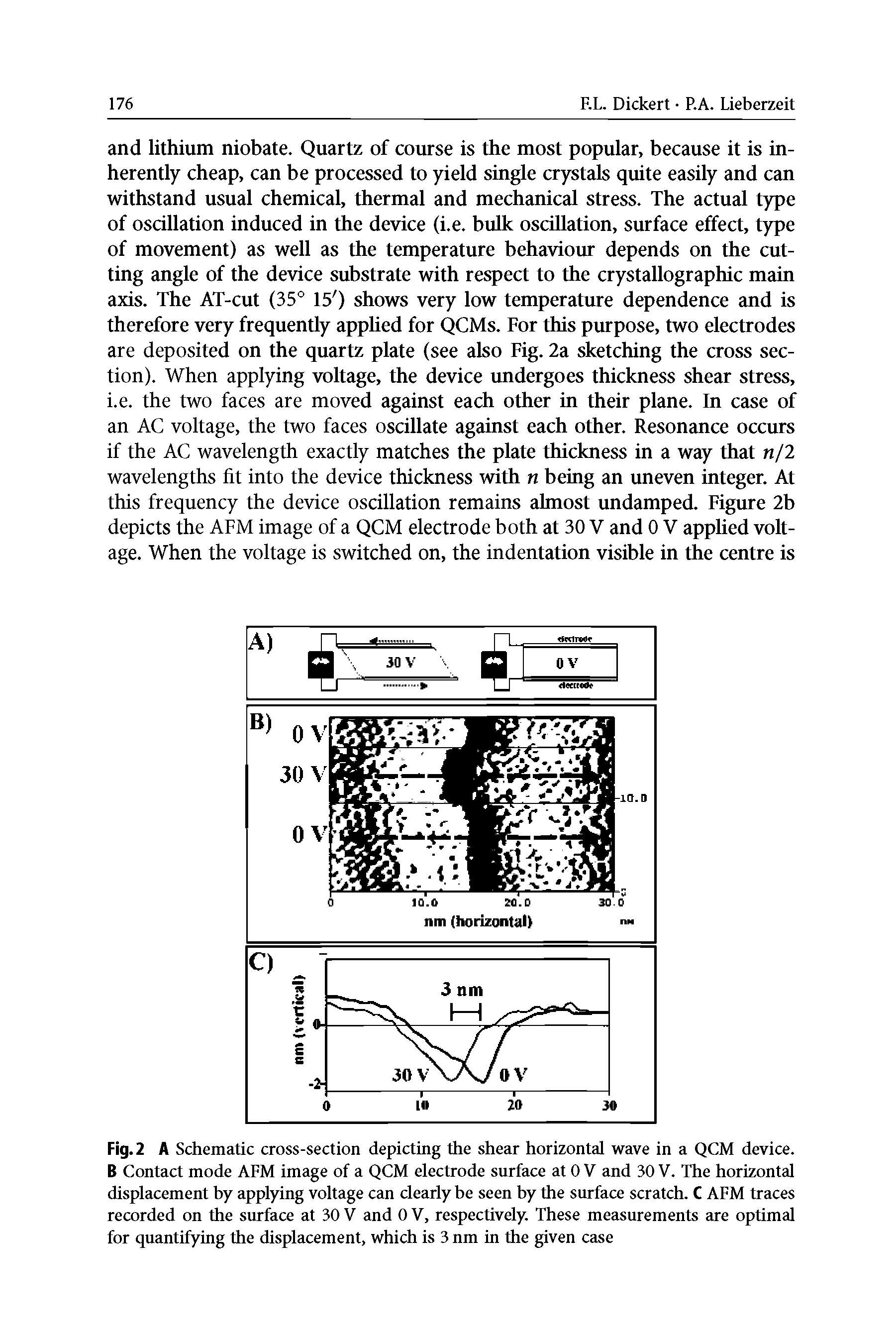 Fig. 2 A Schematic cross-section depicting the shear horizontal wave in a QCM device. B Contact mode AFM image of a QCM electrode surface at 0 V and 30 V. The horizontal displacement hy applying voltage can clearly he seen hy the surface scratch. C AFM traces recorded on the siuface at 30 V and 0 V, respectively. These measurements are optimal for quantifying the displacement, which is 3 nm in the given case...