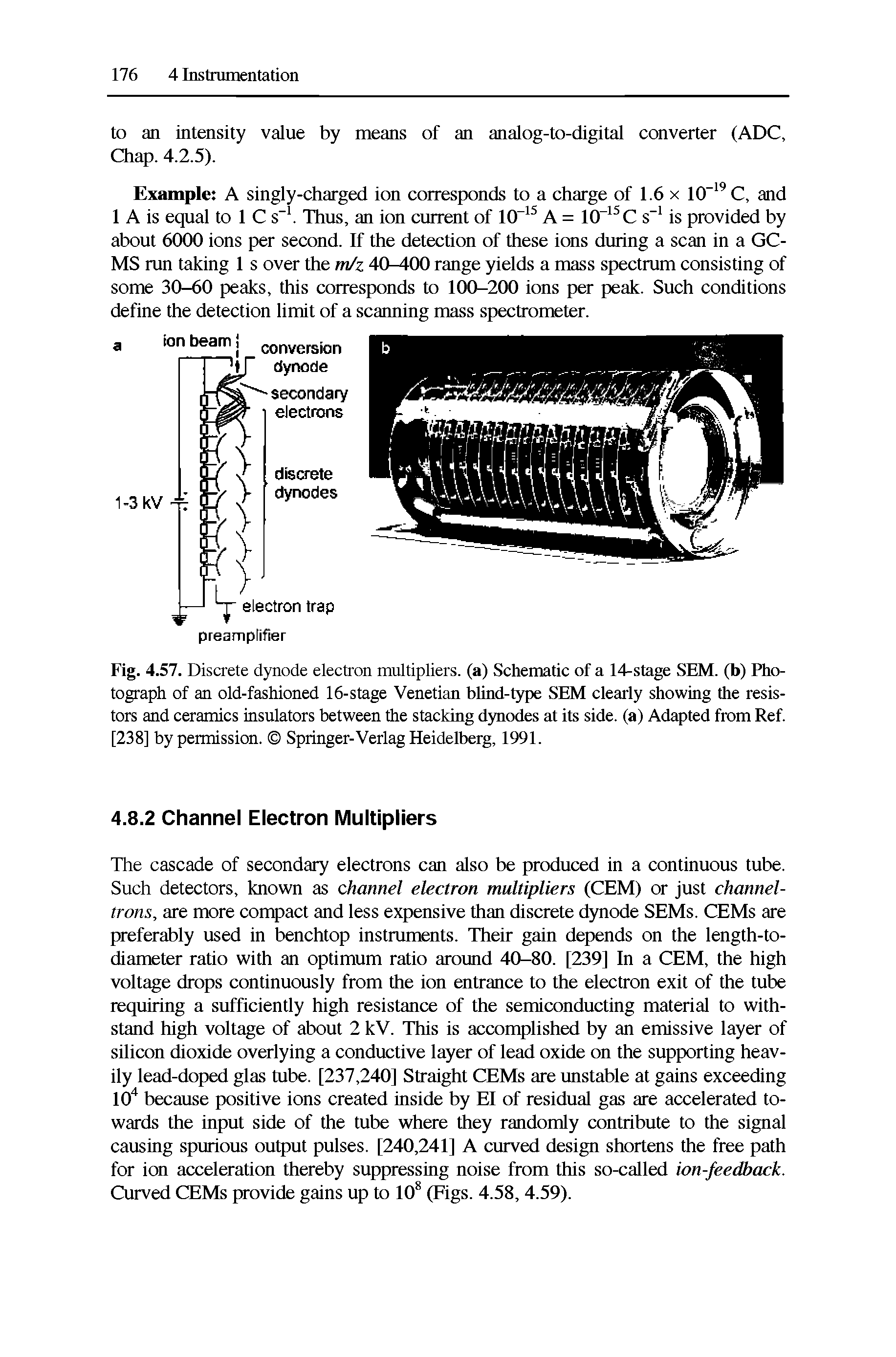 Fig. 4.57. Discrete dynode electron multipliers, (a) Schematic of a 14-stage SEM. (b) Photograph of an old-fashioned 16-stage Venetian blind-type SEM clearly showing the resistors and ceramics insulators between the stacking dynodes at its side, (a) Adapted from Ref. [238] by permission. Springer-Verlag Heidelberg, 1991.