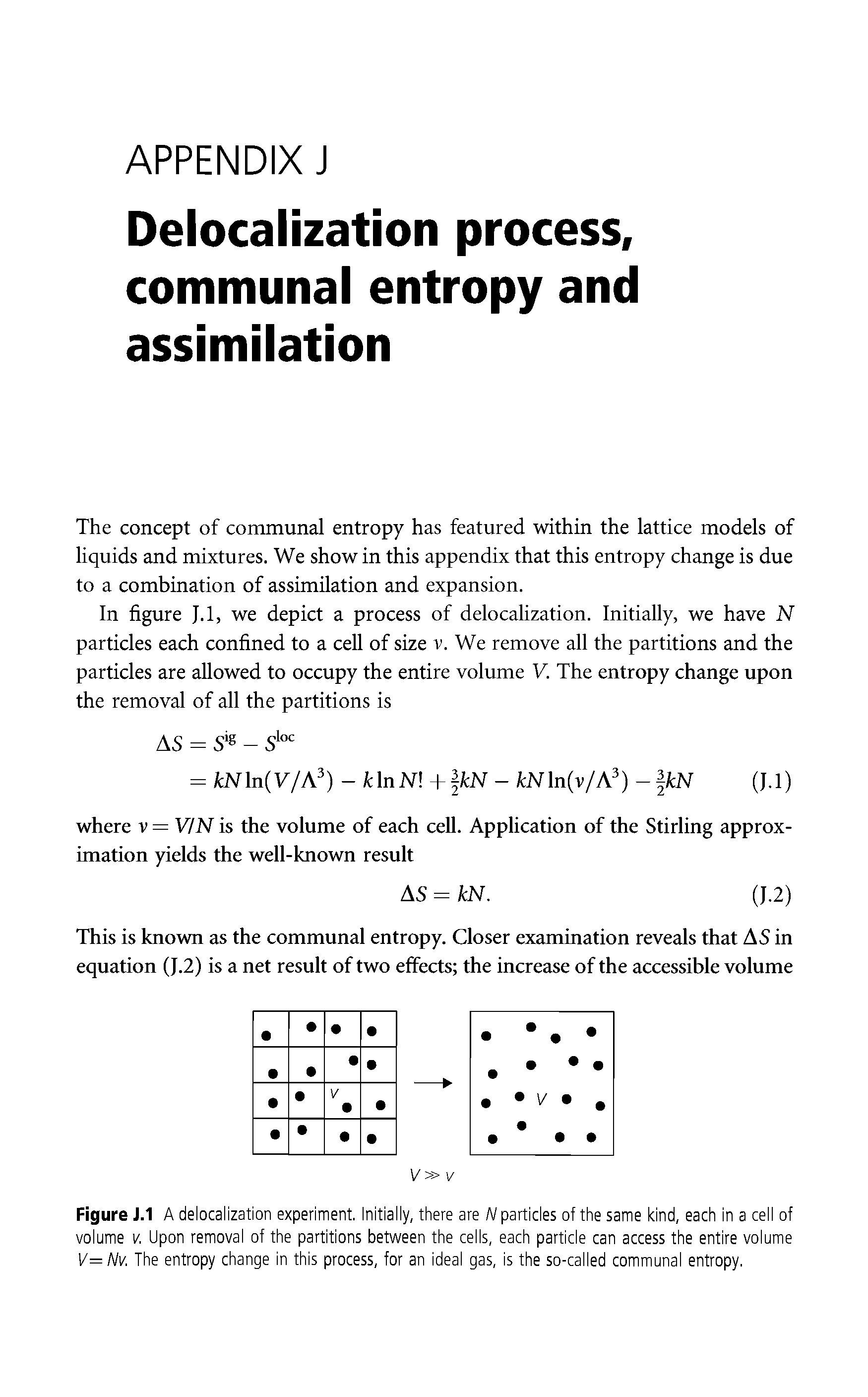 Figure J.1 A delocalization experiment. Initially, there are N particles of the same kind, each in a cell of volume v. Upon removal of the partitions between the cells, each particle can access the entire volume V-Nv. The entropy change in this process, for an ideal gas, is the so-called communal entropy.