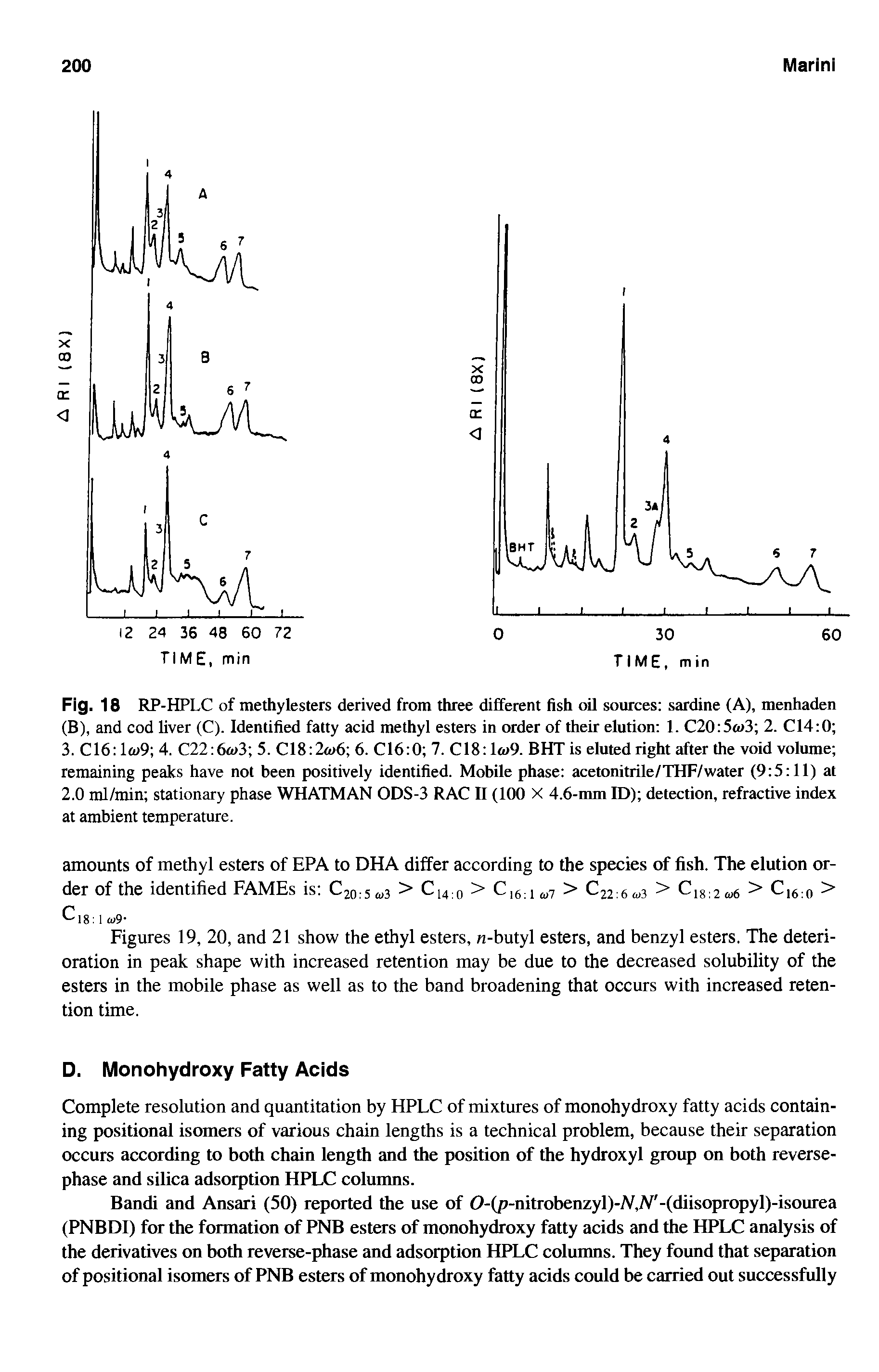Fig. 18 RP-HPLC of methylesters derived from three different fish oil sources sardine (A), menhaden (B), and cod liver (C). Identified fatty acid methyl esters in order of their elution 1. C20 5o 3 2. C14 0 3. C16 lw9 4. C22 6o>3 5. C18 2a>6 6. C16 0 7. C18 1 >9. BHT is eluted right after the void volume remaining peaks have not been positively identified. Mobile phase acetonitrile/THF/water (9 5 11) at 2.0 ml/min stationary phase WHATMAN ODS-3 RAC II (100 X 4.6-mm ID) detection, refractive index at ambient temperature.