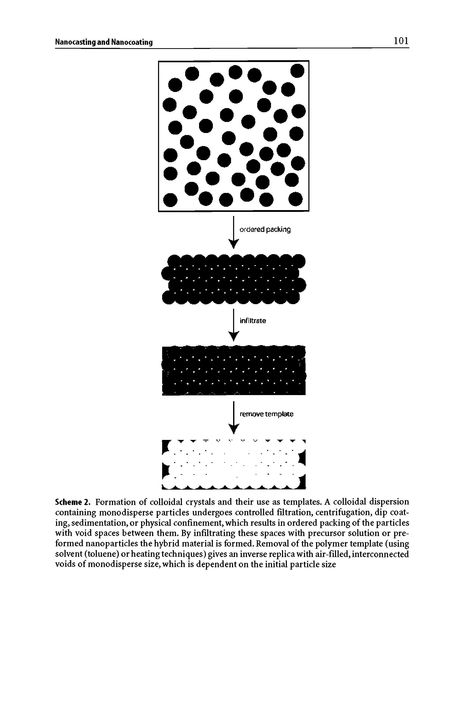 Scheme 2. Formation of colloidal crystals and their use as templates. A colloidal dispersion containing monodisperse particles undergoes controlled filtration, centrifugation, dip coating, sedimentation, or physical confinement, which results in ordered packing of the particles with void spaces between them. By infiltrating these spaces with precm-sor solution or preformed nemoparticles the hybrid material is formed. Removal of the polymer template (using solvent (toluene) orheatingtechniques) gives an inverse replica with air-fiUed, interconnected voids of monodisperse size, which is dependent on the initial particle size...