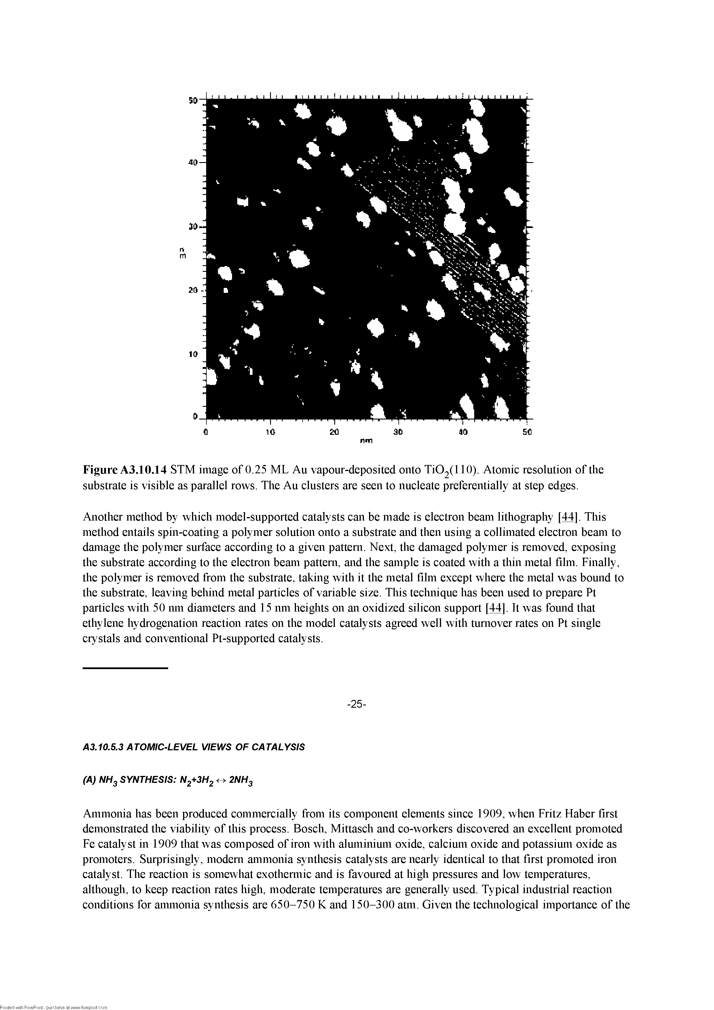 Figure A3.10.14 STM image of 0.25 ML Aii vapour-deposited onto Ti02(l 10). Atomie resolution of the substrate is visible as parallel rows. The Au elusters are seen to nueleate preferentially at step edges.