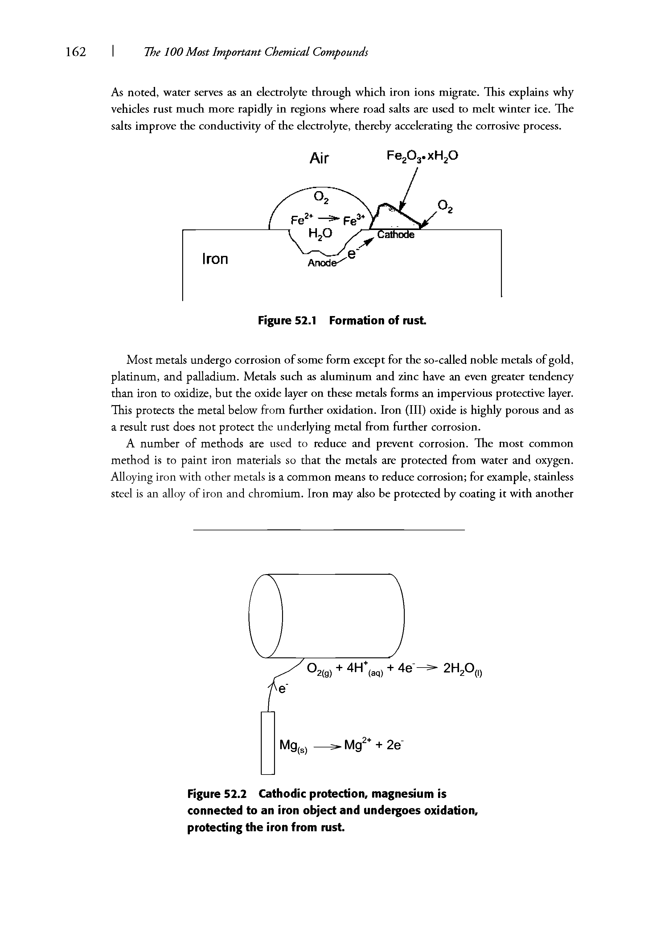 Figure 52.2 Cathodic protection, magnesium is connected to an iron object and undergoes oxidation, protecting the iron from rust.