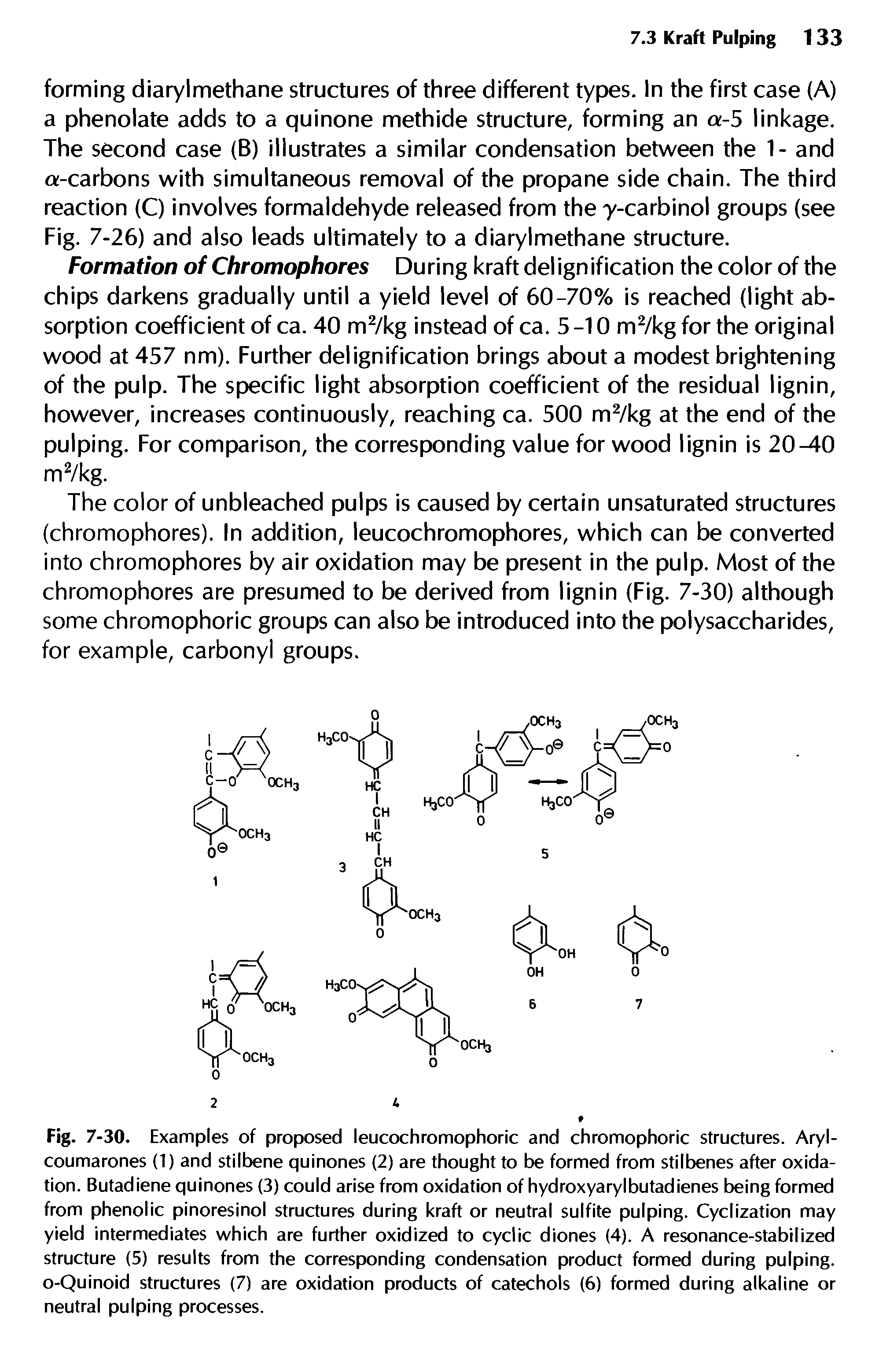 Fig. 7-30. Examples of proposed leucochromophoric and chromophoric structures. Aryl-coumarones (1) and stilbene quinones (2) are thought to be formed from stilbenes after oxidation. Butadiene quinones (3) could arise from oxidation of hydroxyarylbutadienes being formed from phenolic pinoresinol structures during kraft or neutral sulfite pulping. Cyclization may yield intermediates which are further oxidized to cyclic diones (4). A resonance-stabilized structure (5) results from the corresponding condensation product formed during pulping. o-Quinoid structures (7) are oxidation products of catechols (6) formed during alkaline or neutral pulping processes.