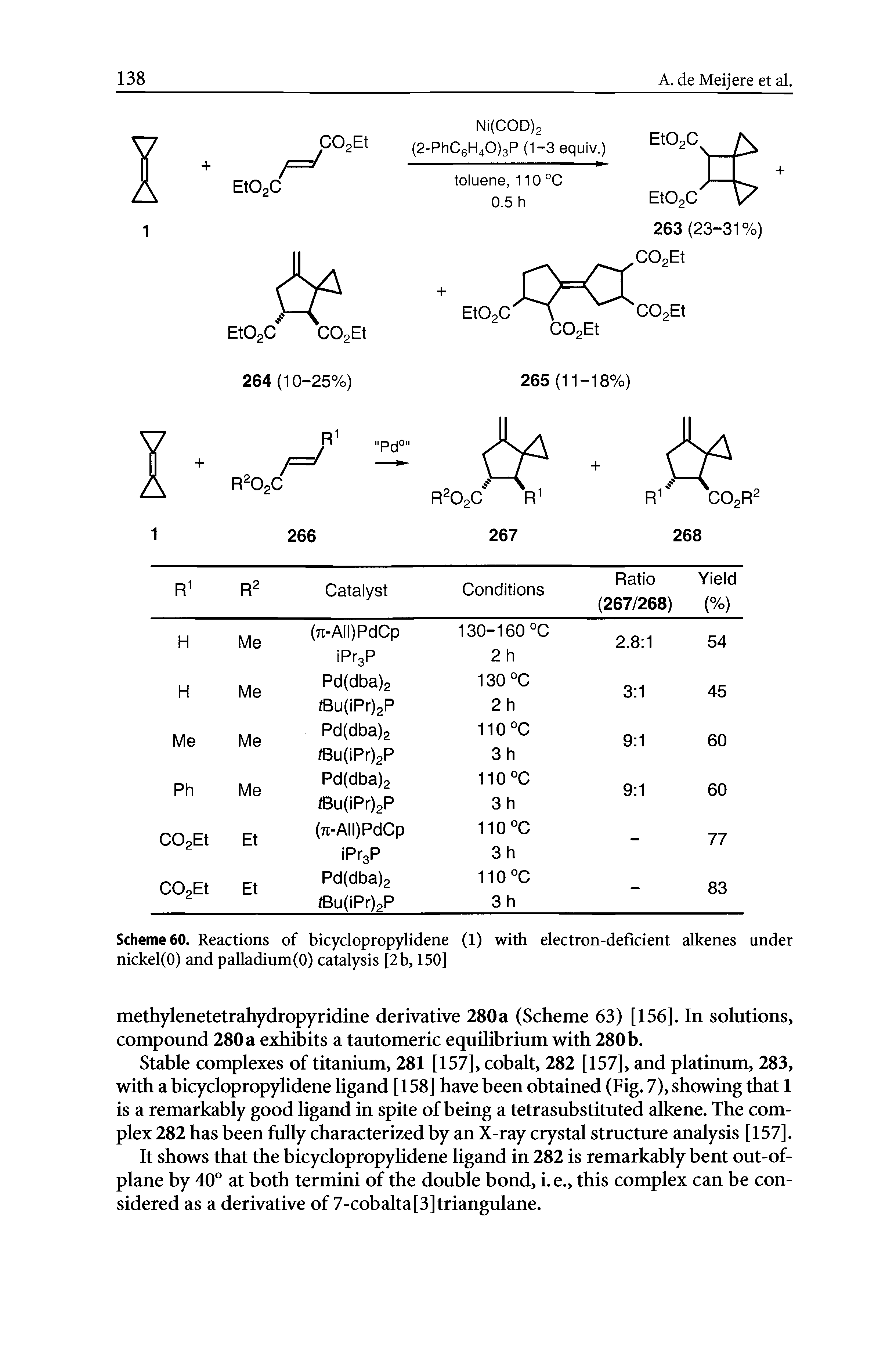 Scheme 60. Reactions of bicyclopropylidene (1) with electron-deficient alkenes under nickel(O) and palladium(O) catalysis [2b, 150]...